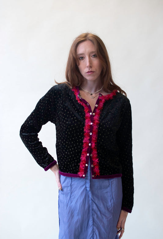 Black Velour Cardigan w/ Fringe Trim | Voyage Invest in the Original