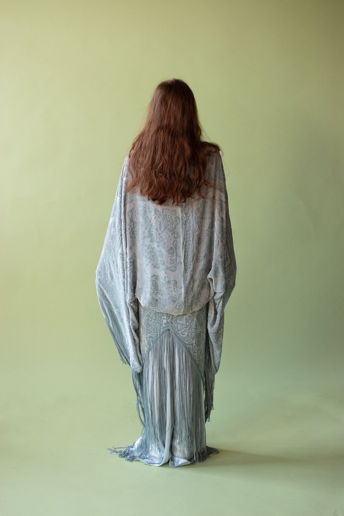 Seafoam Devore Gown W/ Fringe | Bellville Sassoon