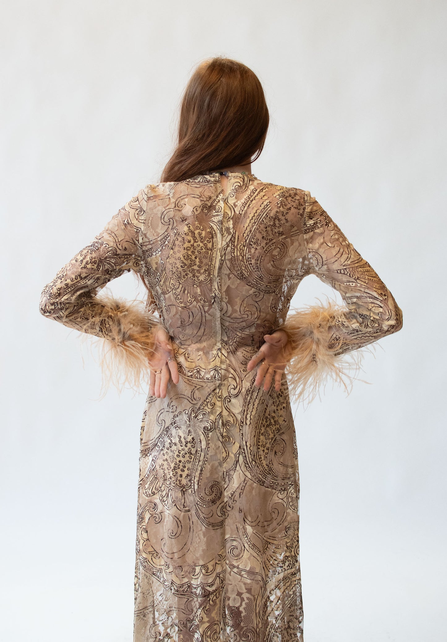 1970s Lace Dress w/ Feather Trim