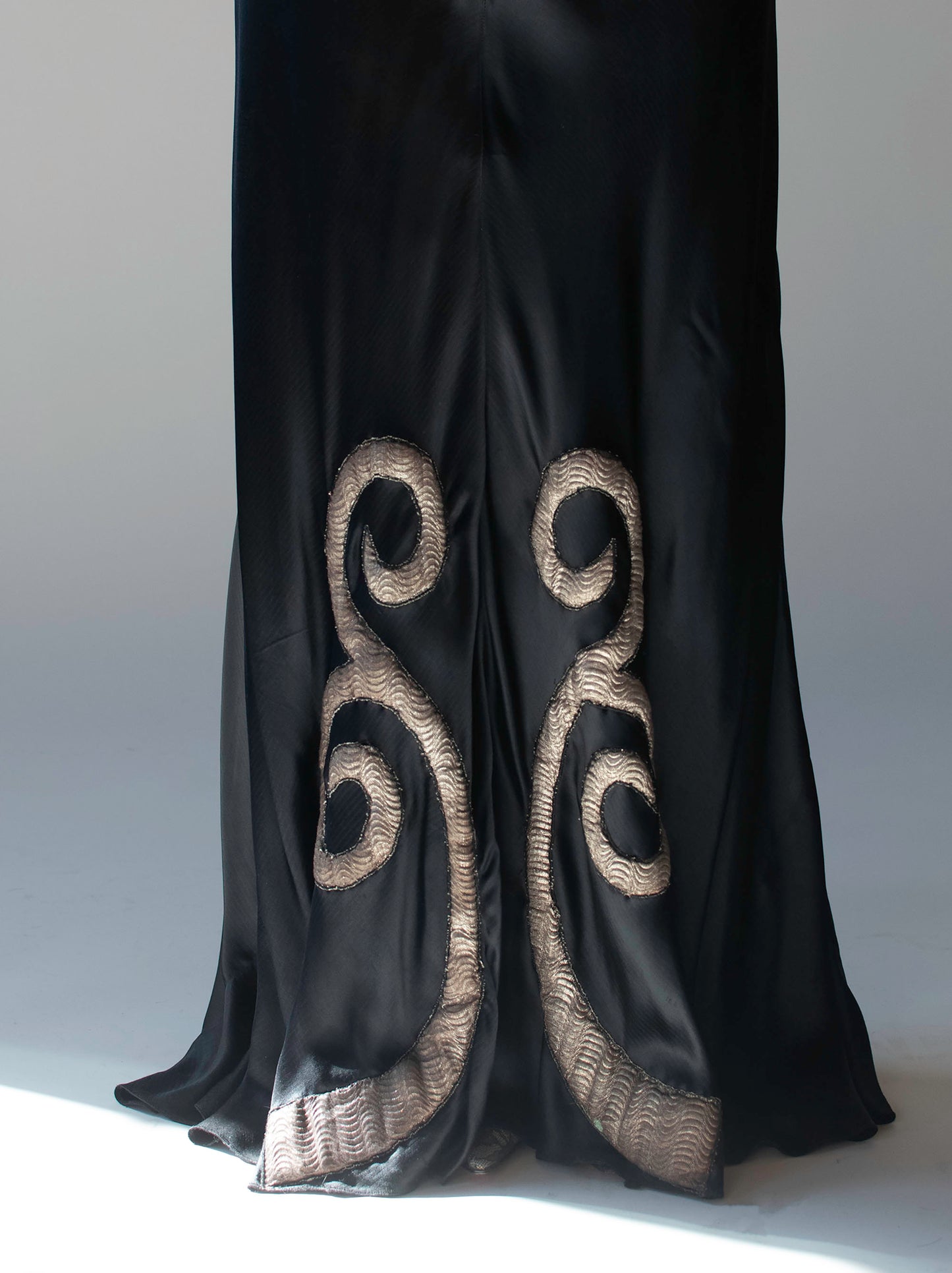 1930s Black Satin Gown with Trapunto applique