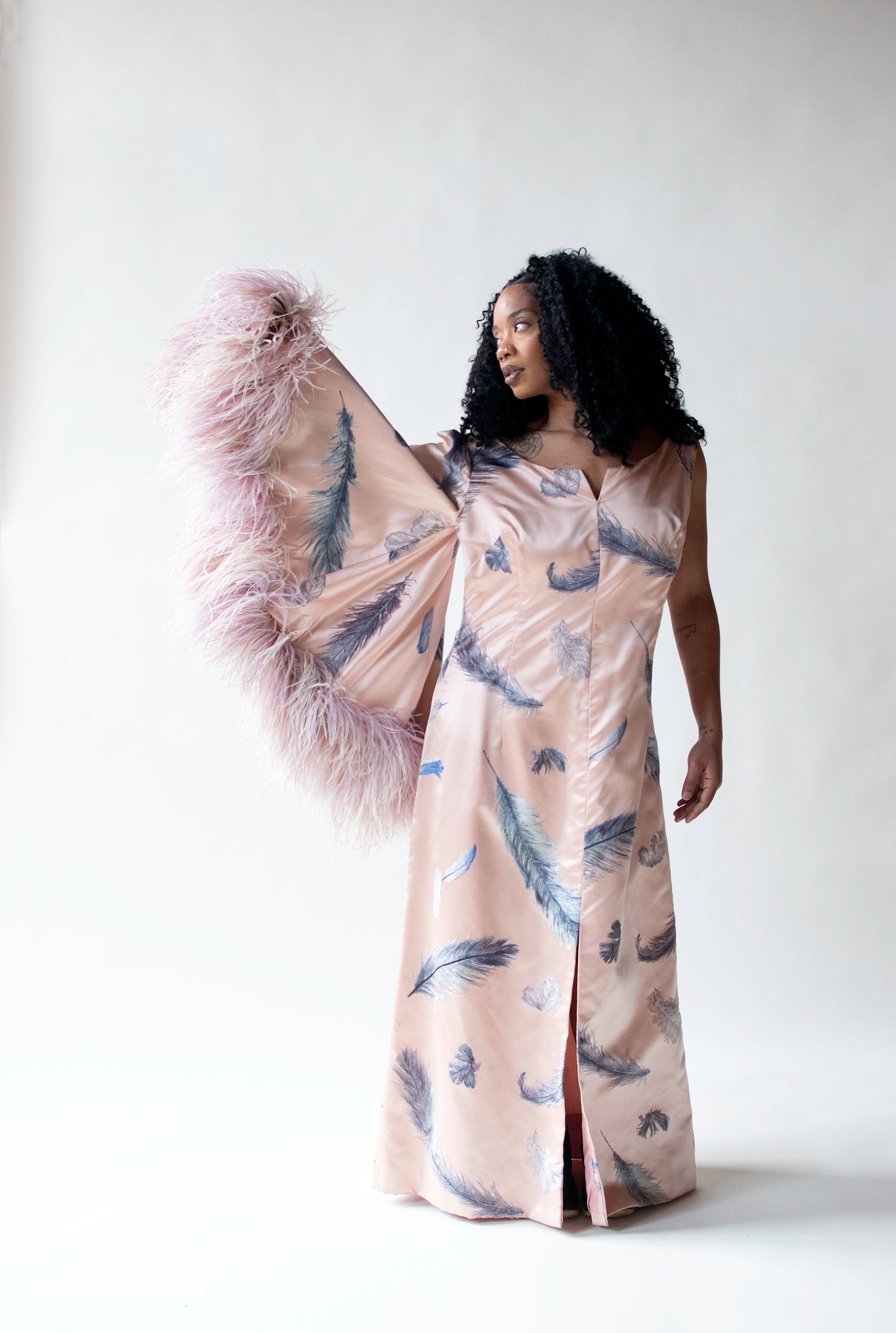 1960s Flocked Feather Gown w/ Feather Trim