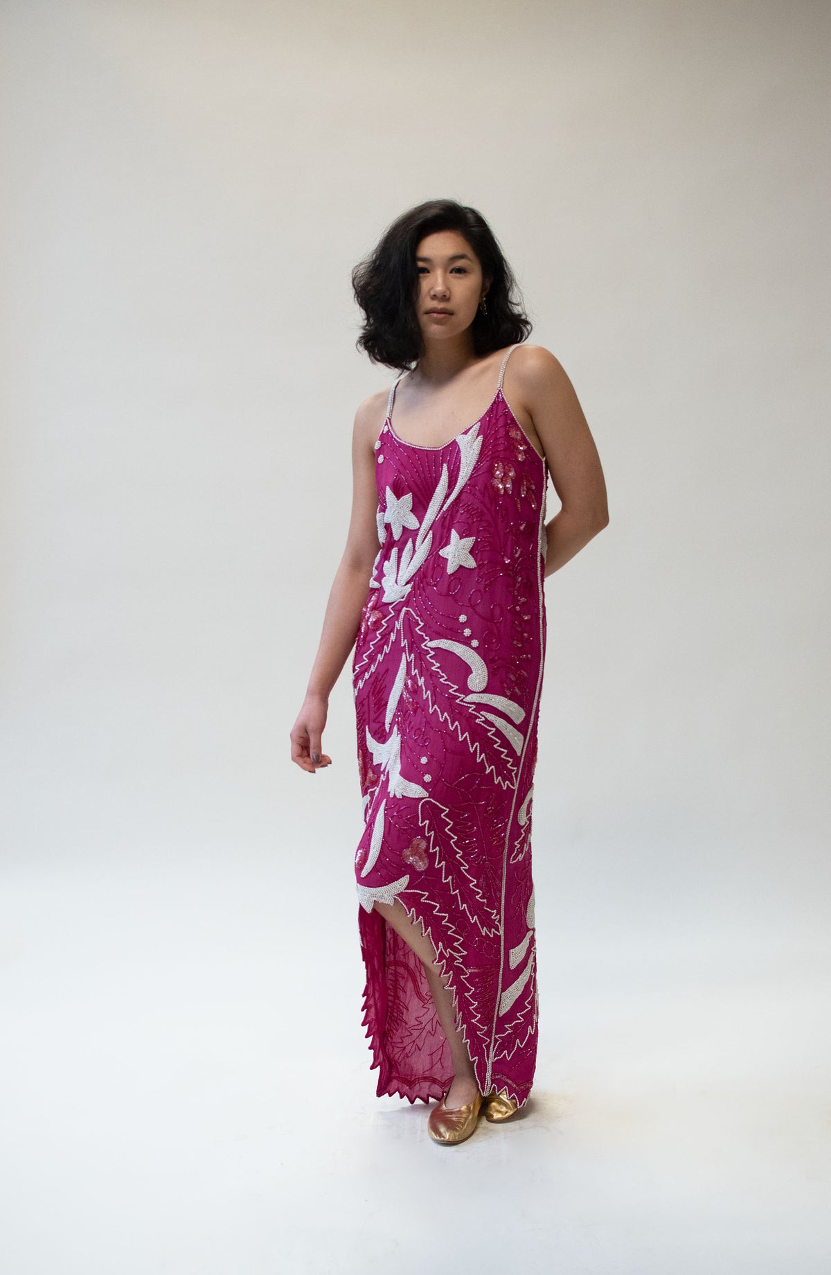 1980s Magenta Beaded Gown