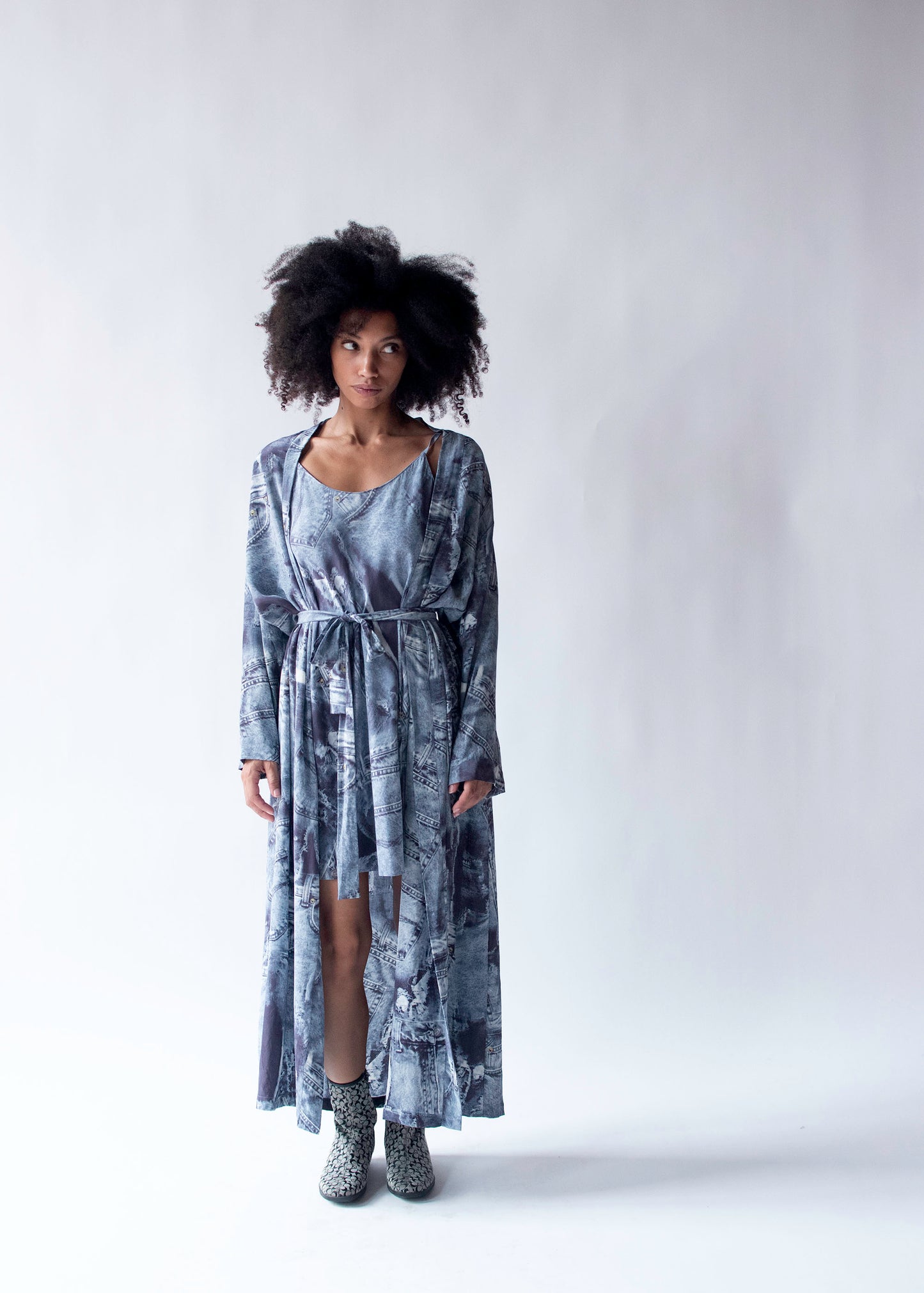 Denim Print Silk Lounge Set