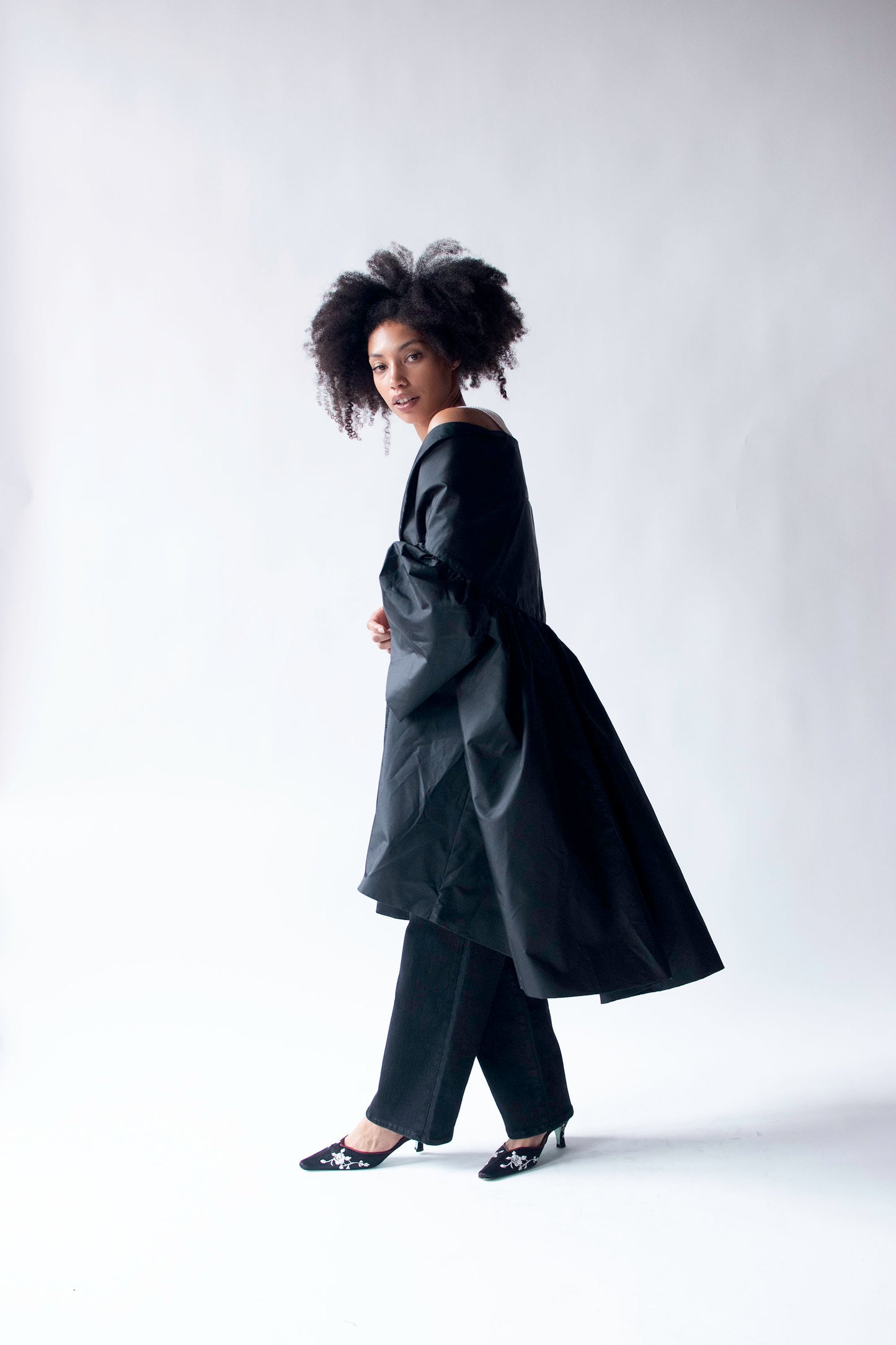 Voluminous Black Taffeta Coat | Victor Costa