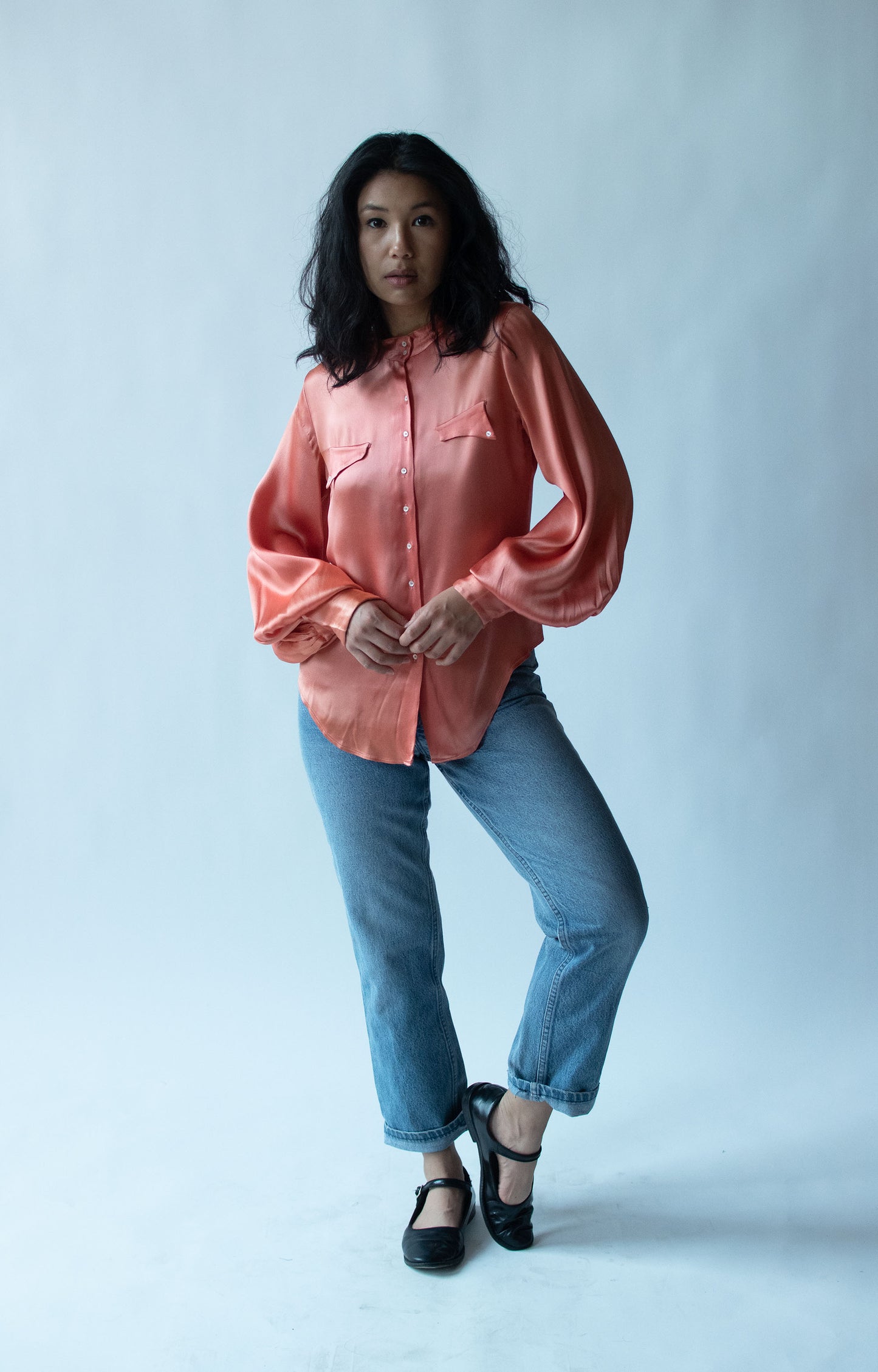 1950s Salmon Bishop Sleeve Blouse