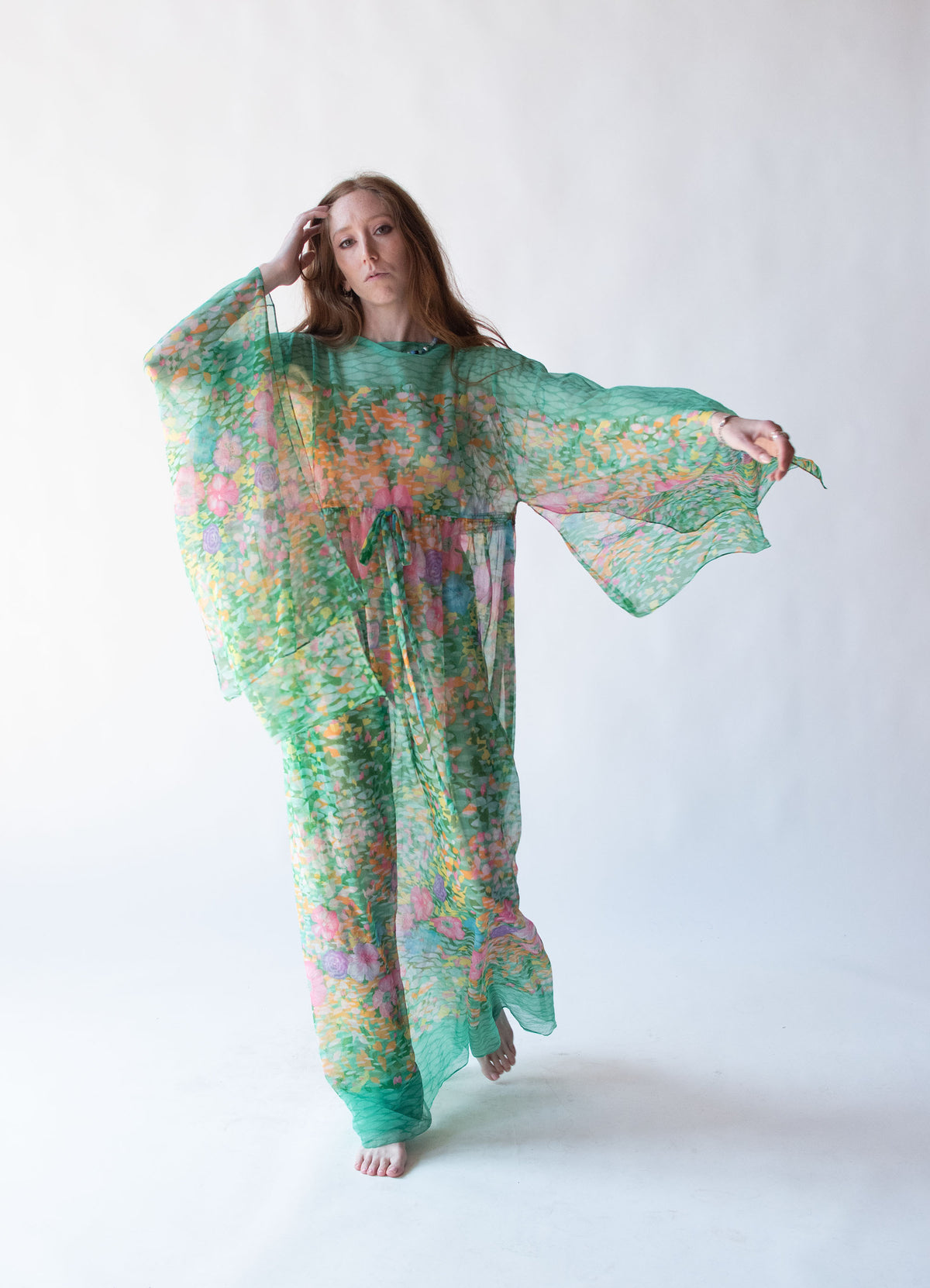 1970s Sheer Floral Print Caftan