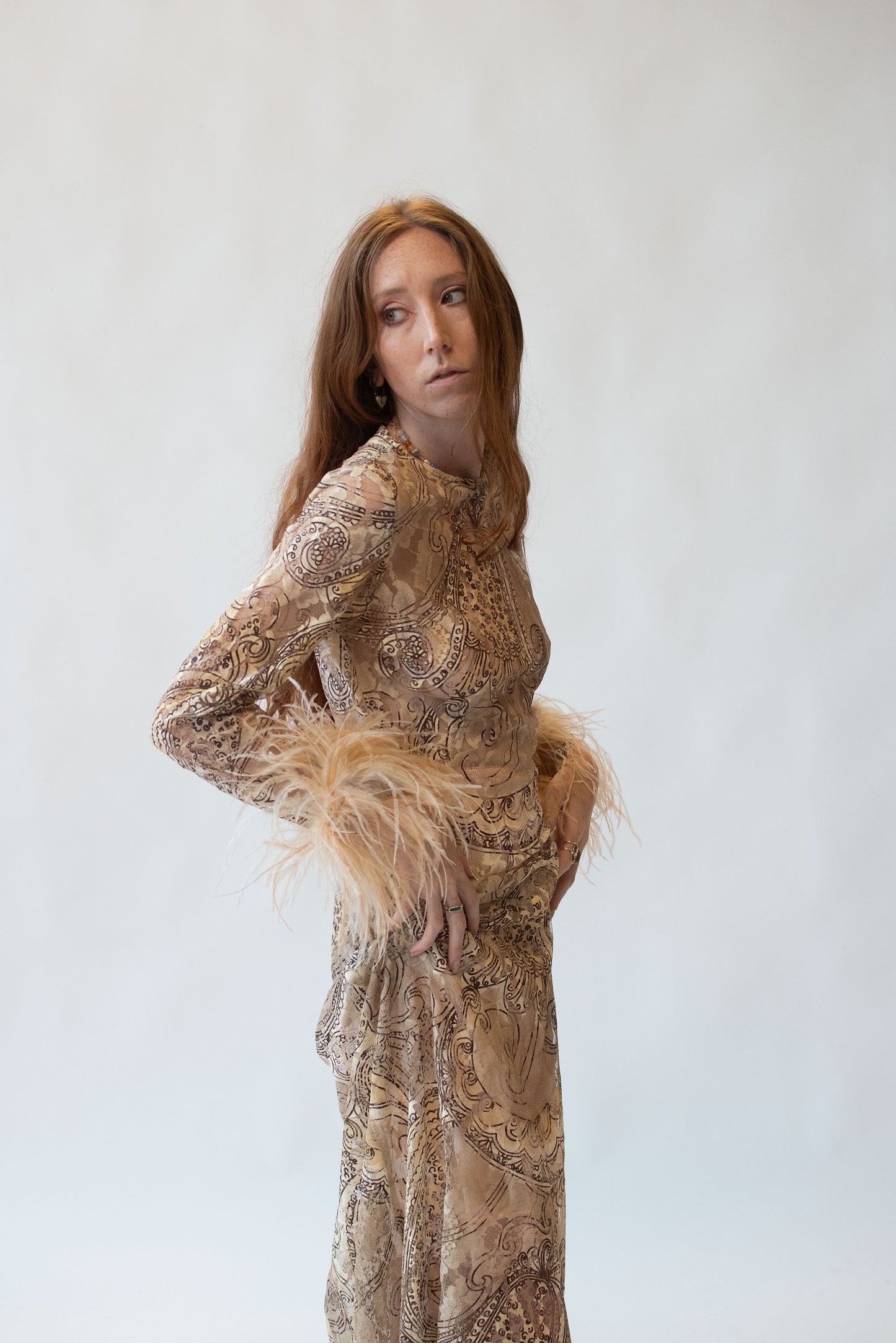 1970s Lace Dress w/ Feather Trim