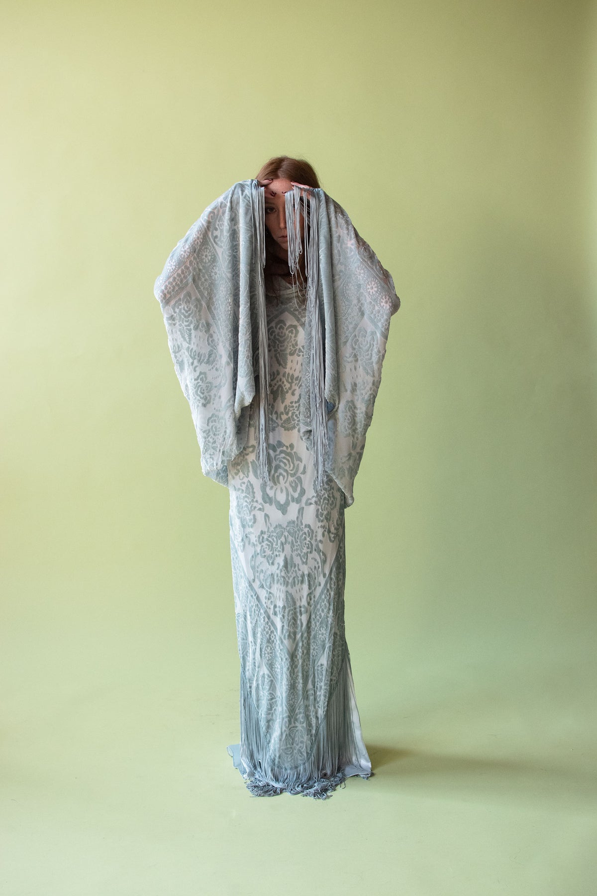 Seafoam Devore Gown W/ Fringe | Bellville Sassoon