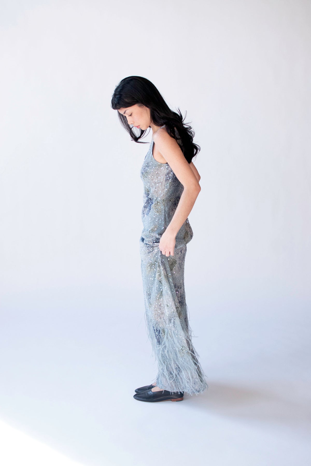 Pale Blue Feather Trim Dress | Rickie Freeman for T.J. Nights