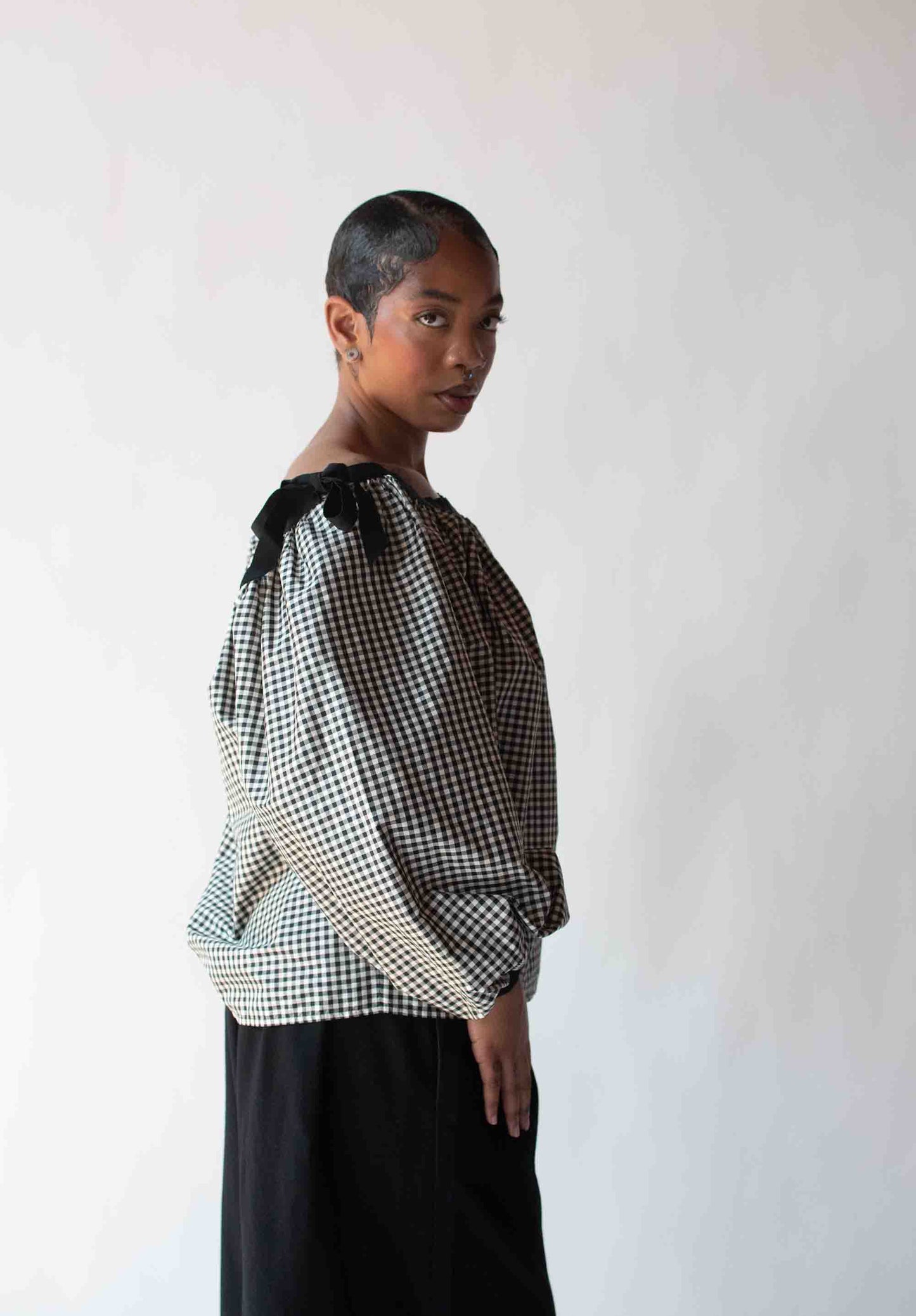 1990s Gingham Silk Balloon sleeve blouse | Isaac Mizrahi
