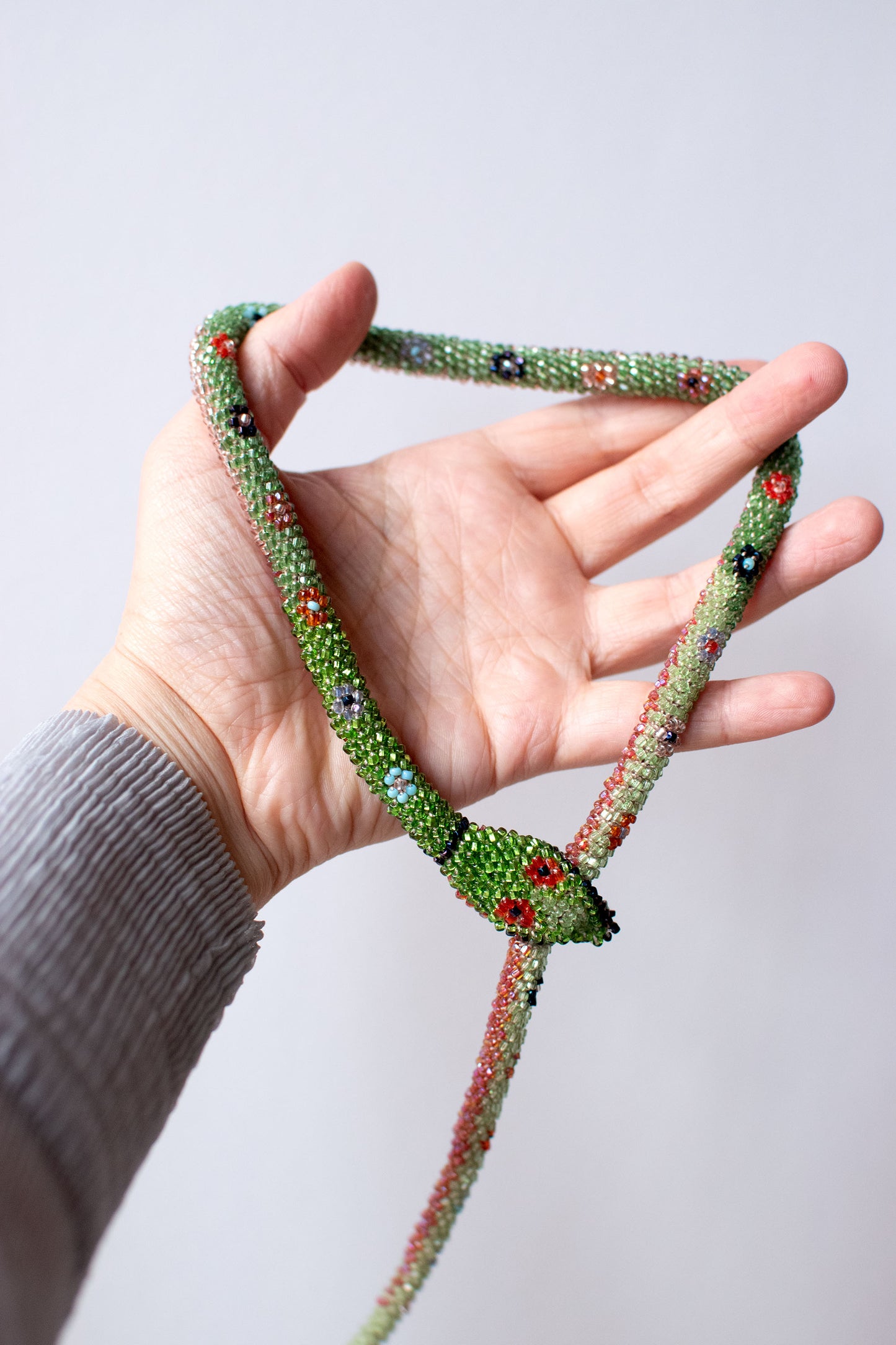 Bead Crochet Snake | Green W/ Multi Color Flowers