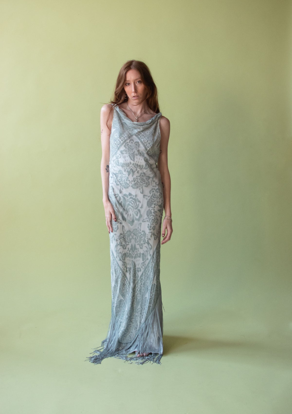 Seafoam Devore Gown W/ Fringe | Bellville Sassoon