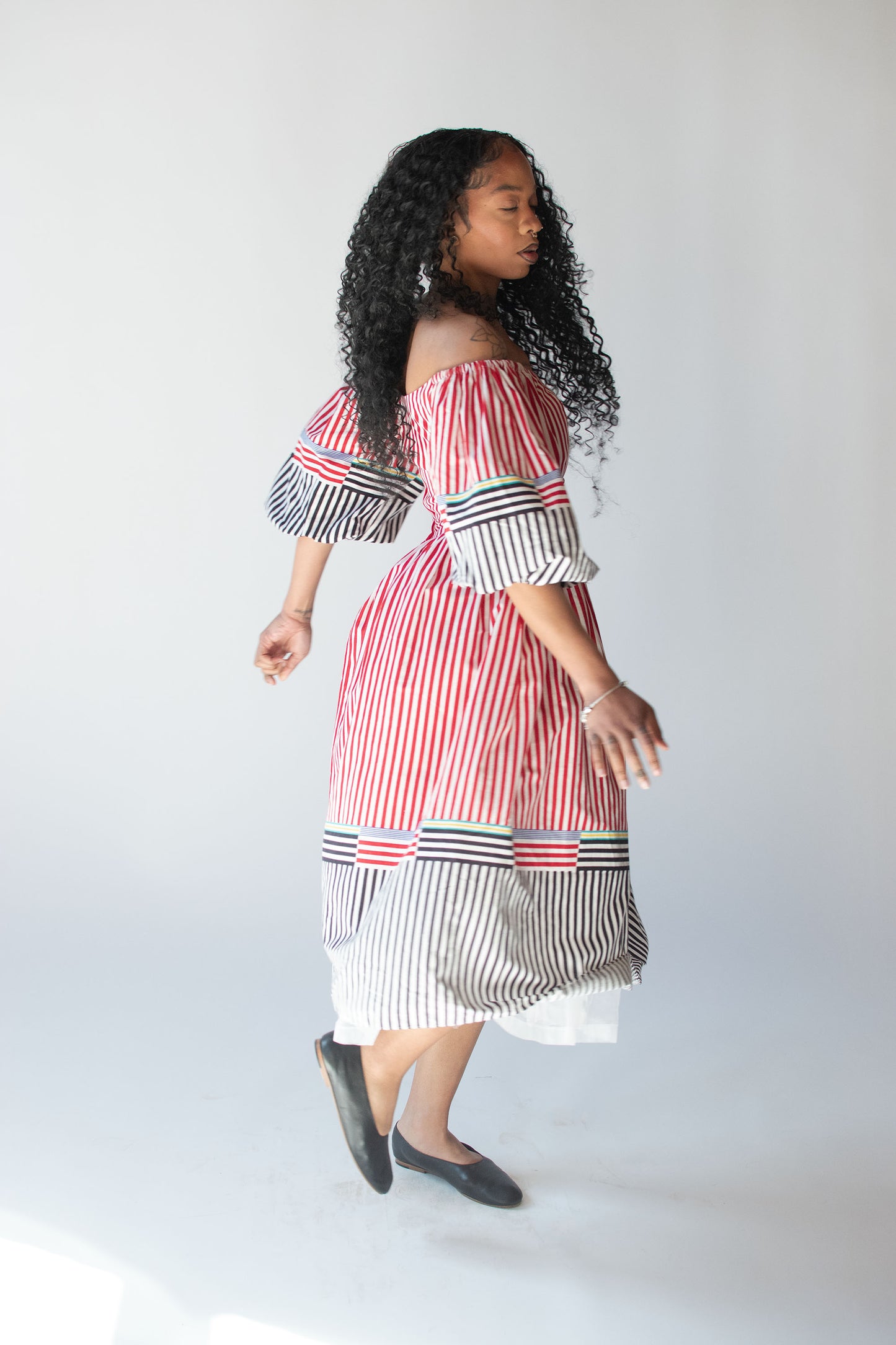 Striped Dress w/ Puff Sleeves | Victor Costa