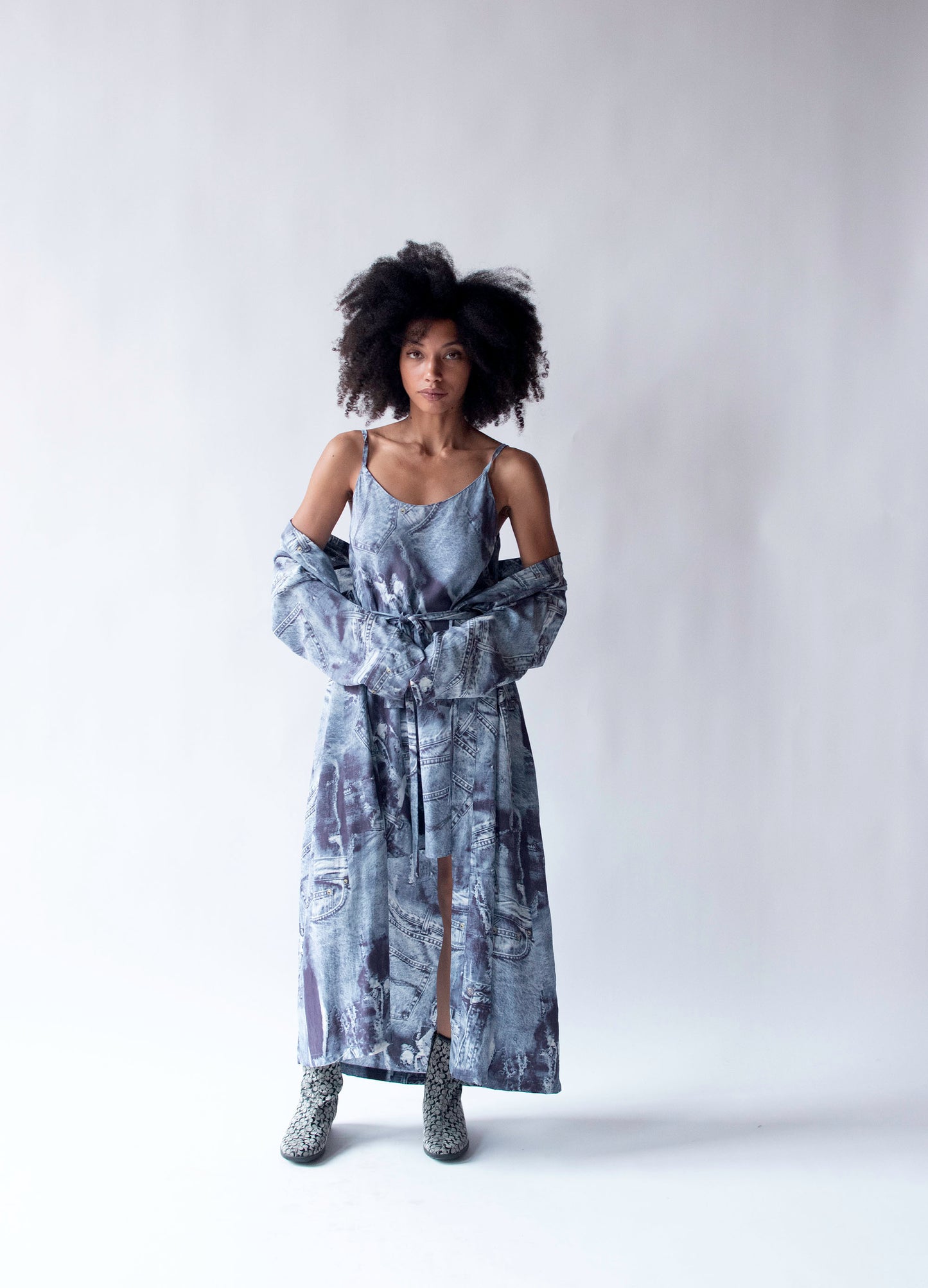 Denim Print Silk Lounge Set