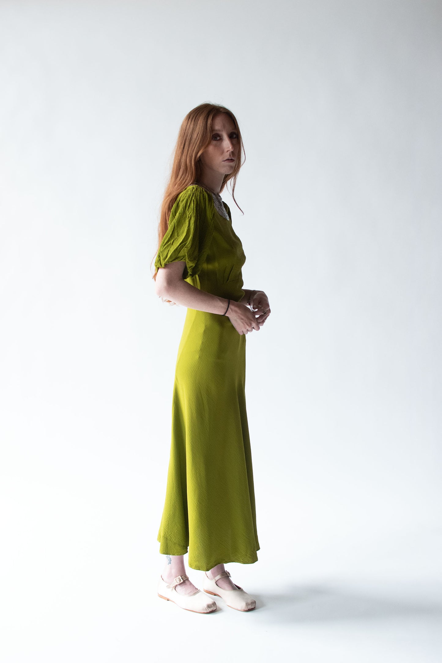 1930s Acid Green Crepe Dress