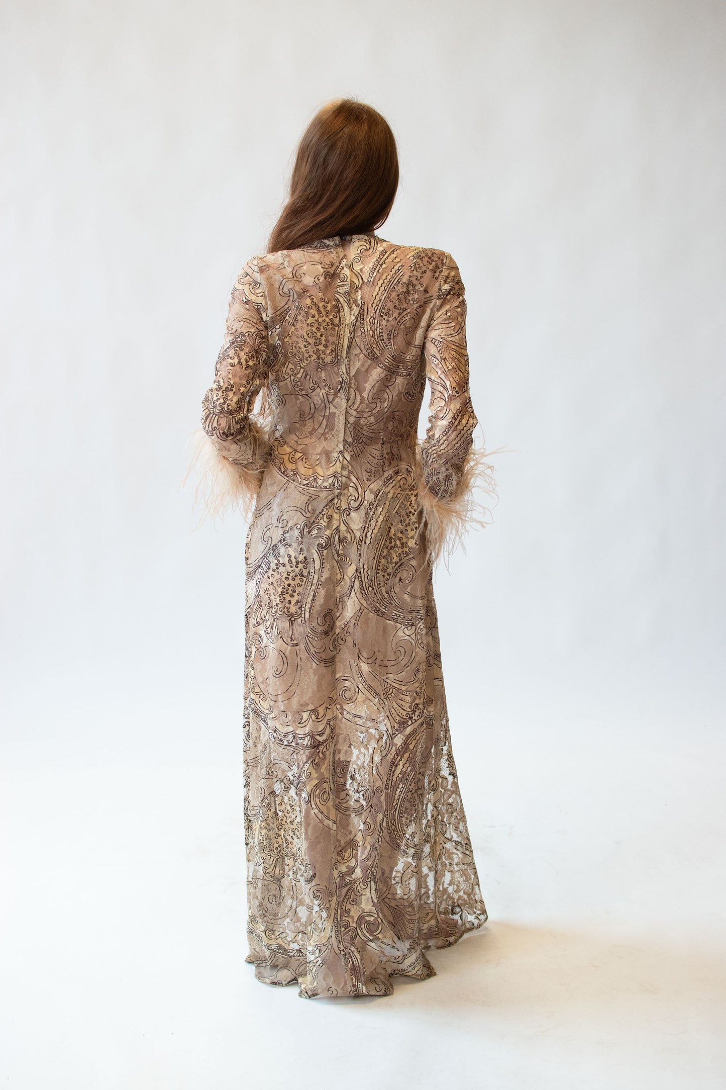 1970s Lace Dress w/ Feather Trim