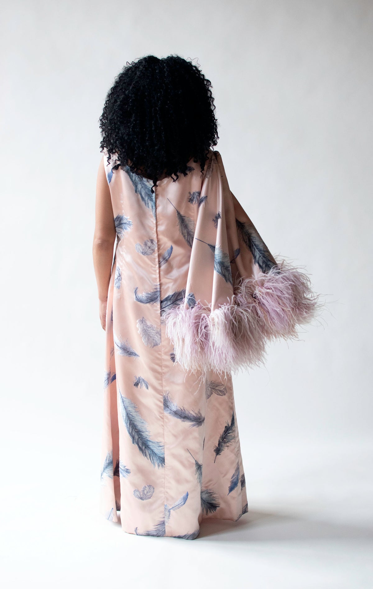 1960s Flocked Feather Gown w/ Feather Trim