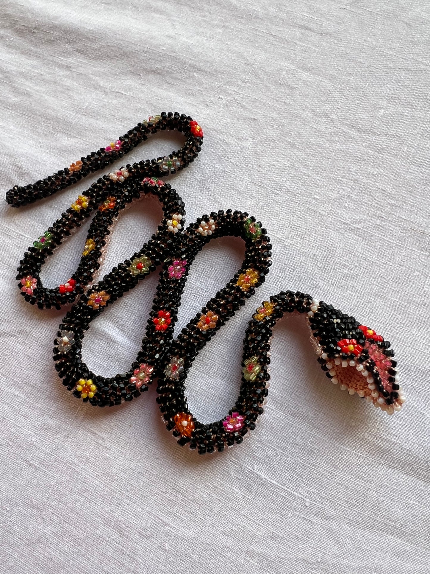 Bead Crochet Snake | Black W/ Multi Color Flowers