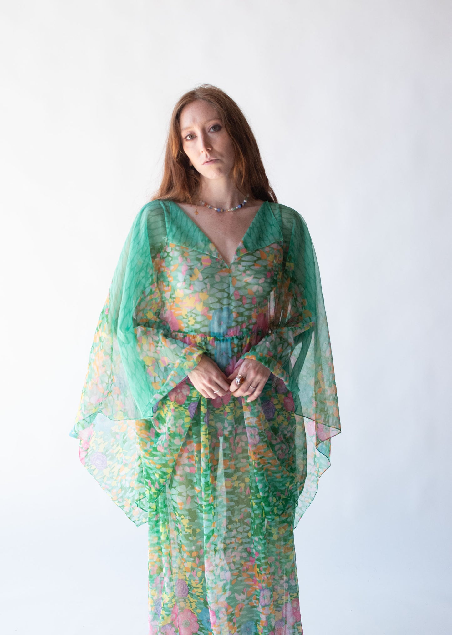 1970s Sheer Floral Print Caftan