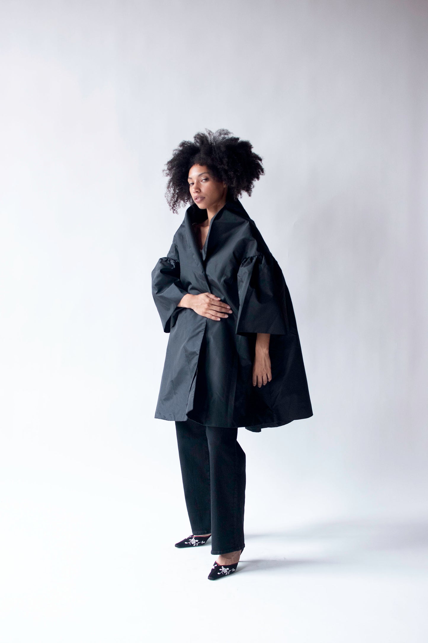 Voluminous Black Taffeta Coat | Victor Costa