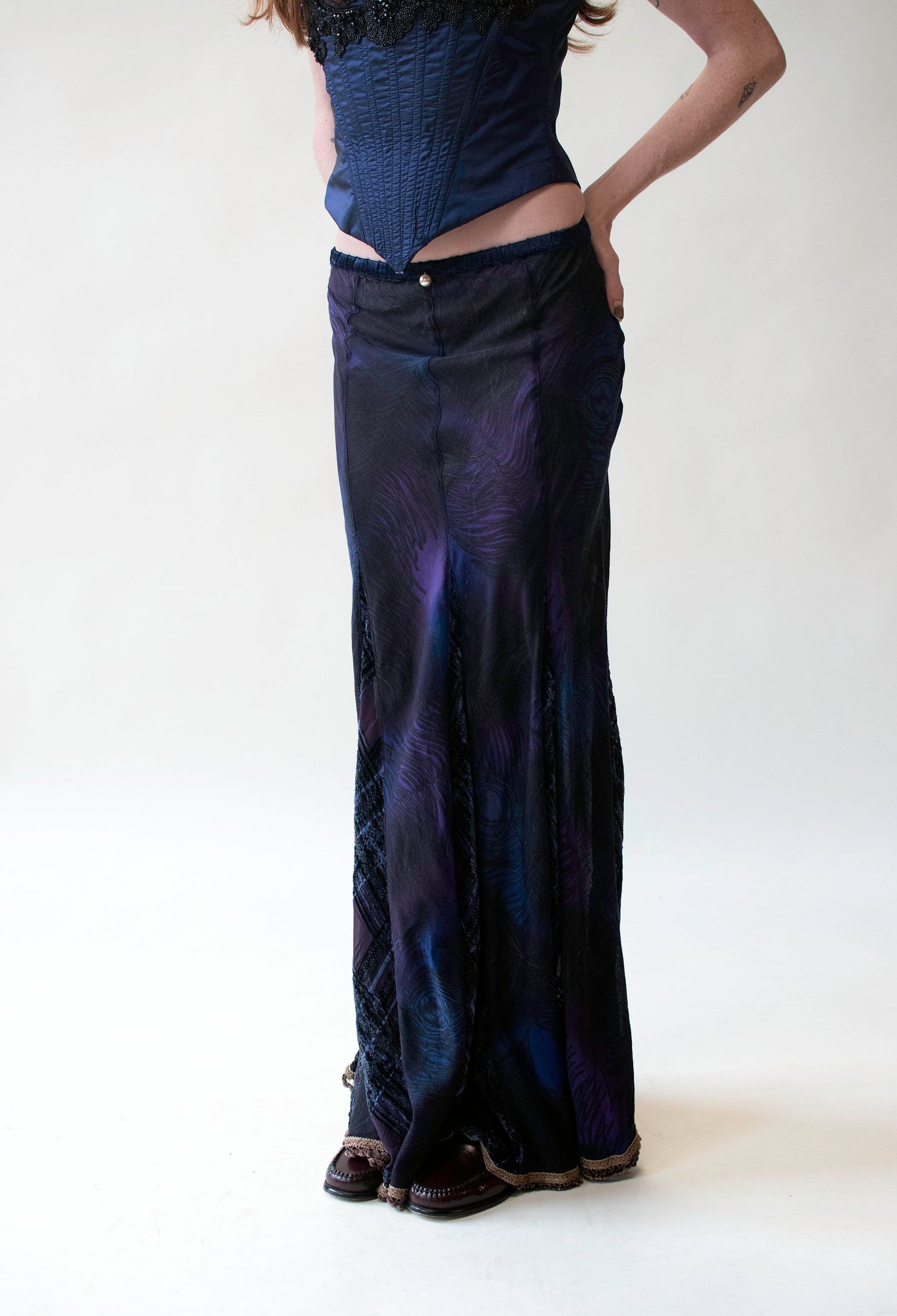 Peacock print skirt with Devore Velvet Gussets | Voyage Invest in the Origina