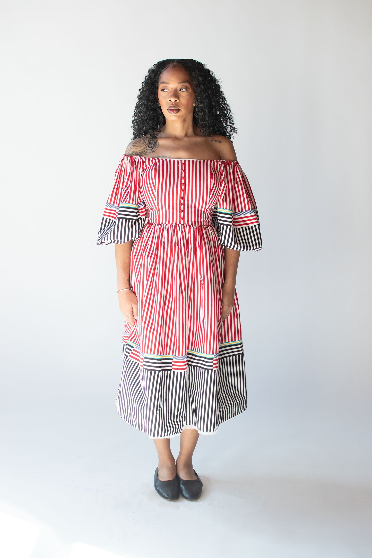 Striped Dress w/ Puff Sleeves | Victor Costa