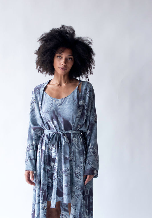 Denim Print Silk Lounge Set