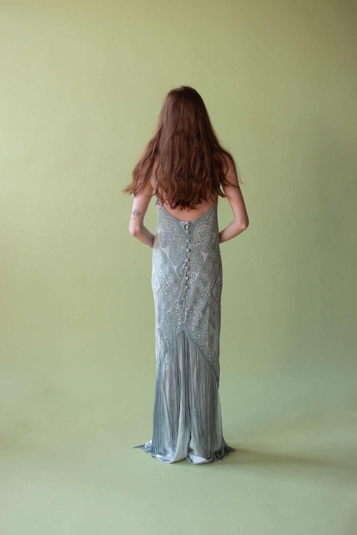 Seafoam Devore Gown W/ Fringe | Bellville Sassoon