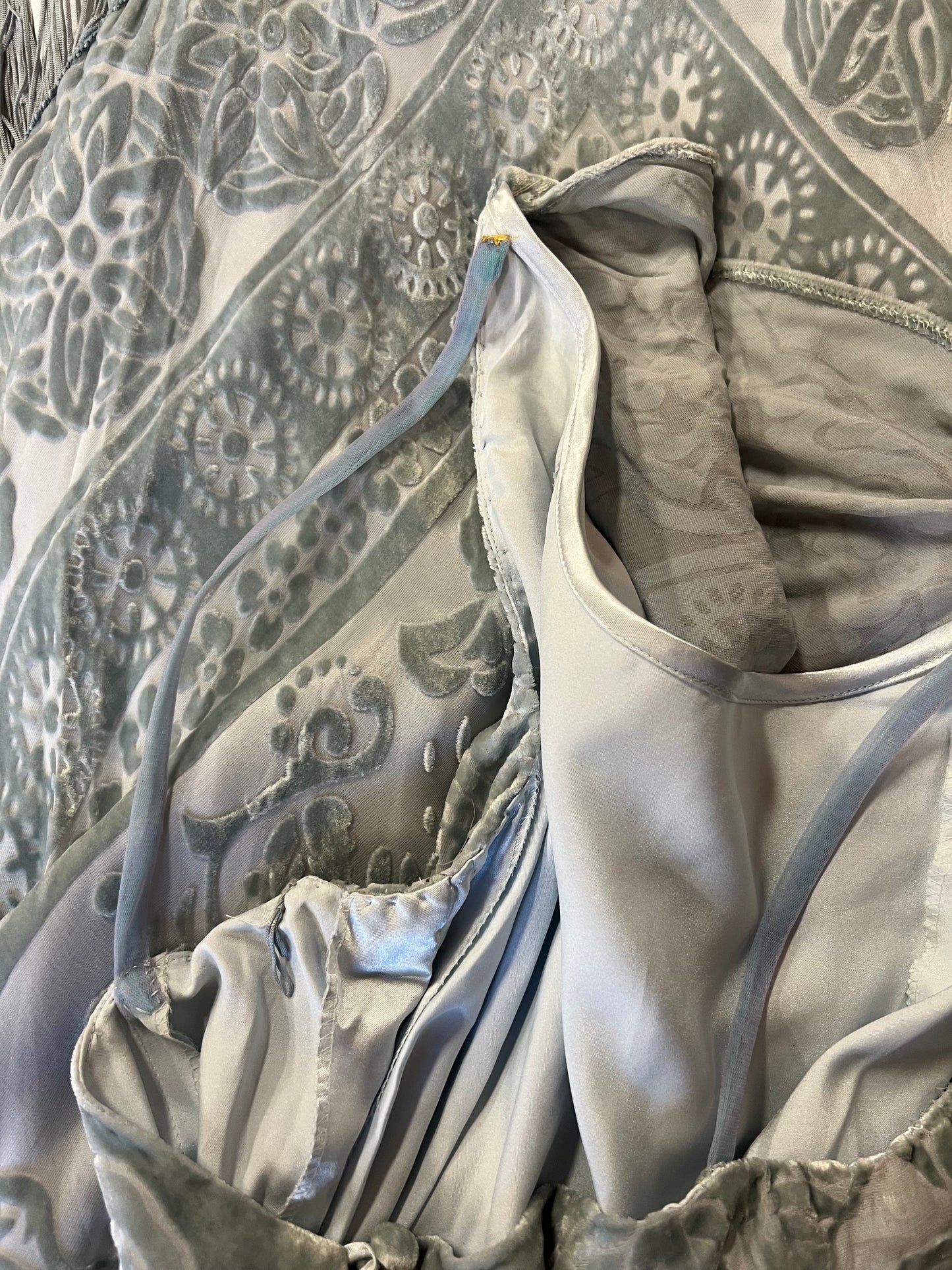 Seafoam Devore Gown W/ Fringe | Bellville Sassoon