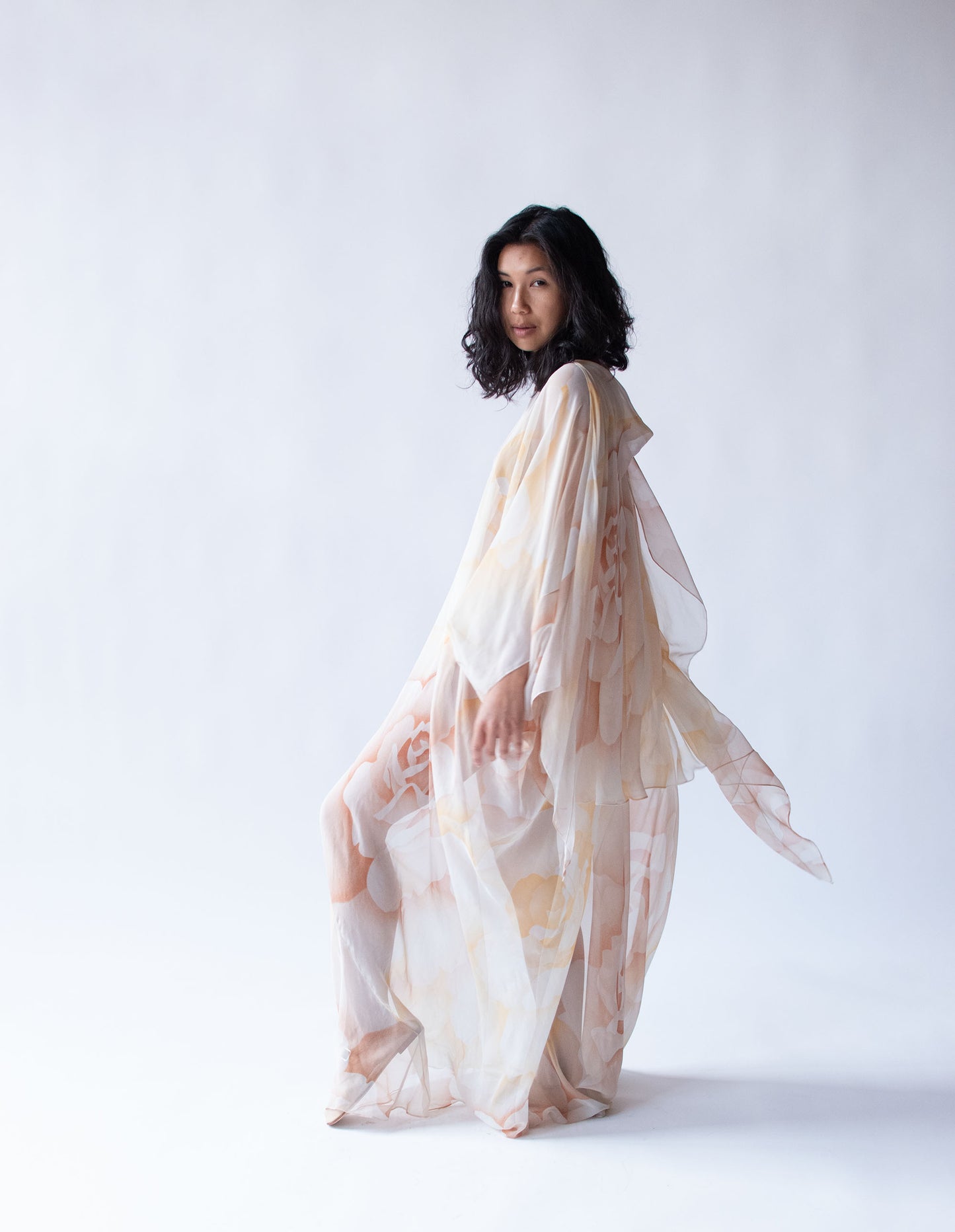 1970s Rose Print Chiffon Caftan