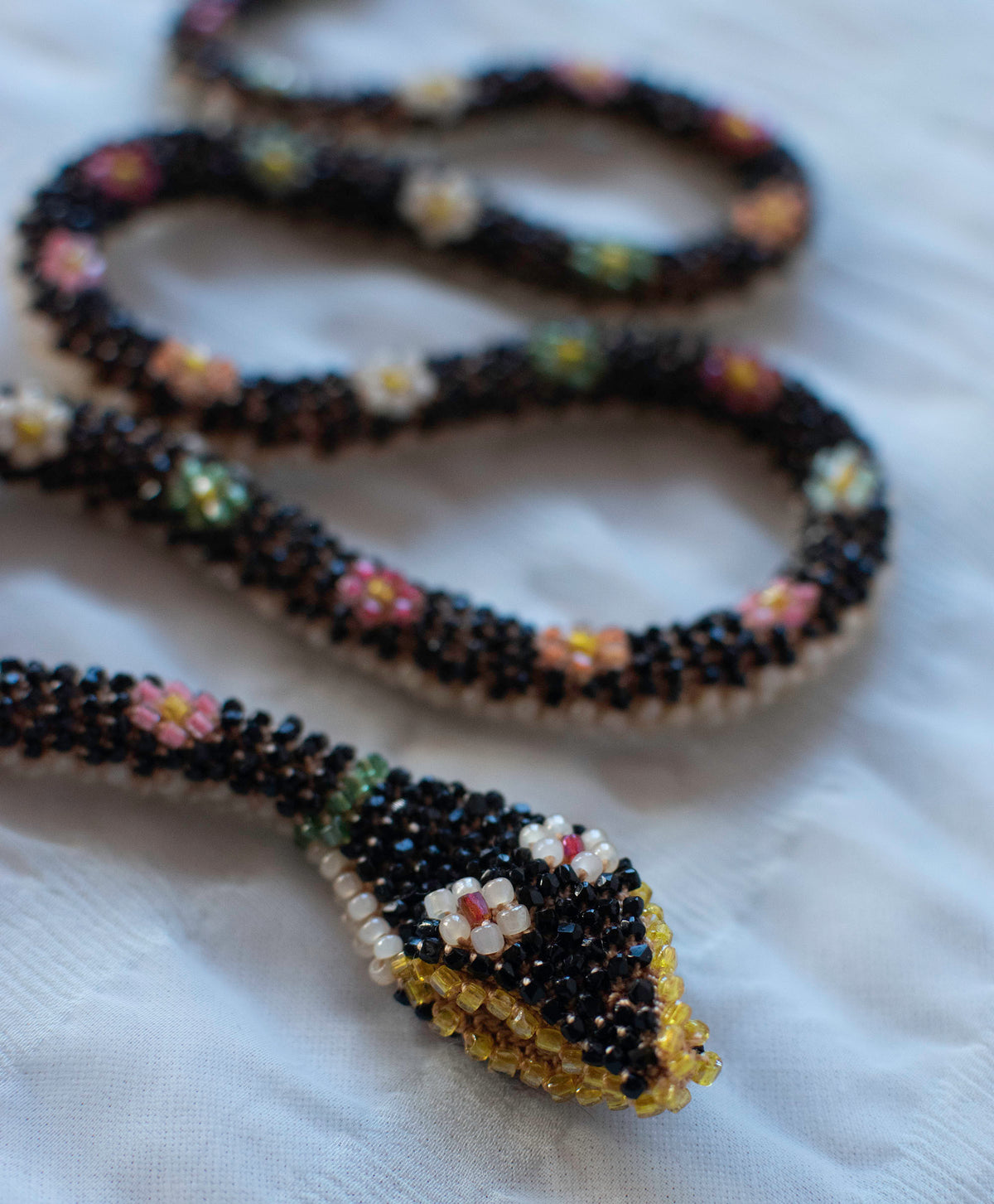 Bead Crochet Snake | Black W/ Multi Color Flowers