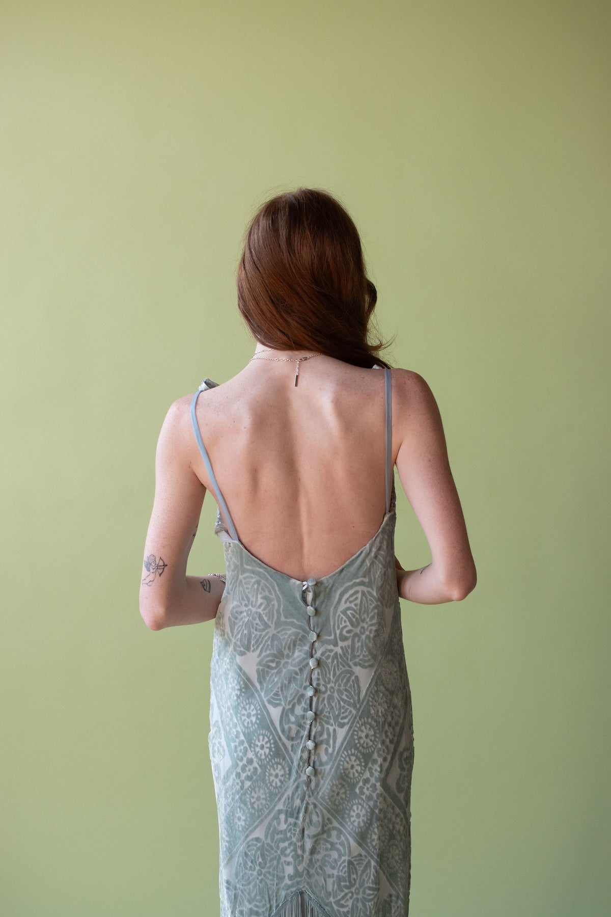 Seafoam Devore Gown W/ Fringe | Bellville Sassoon