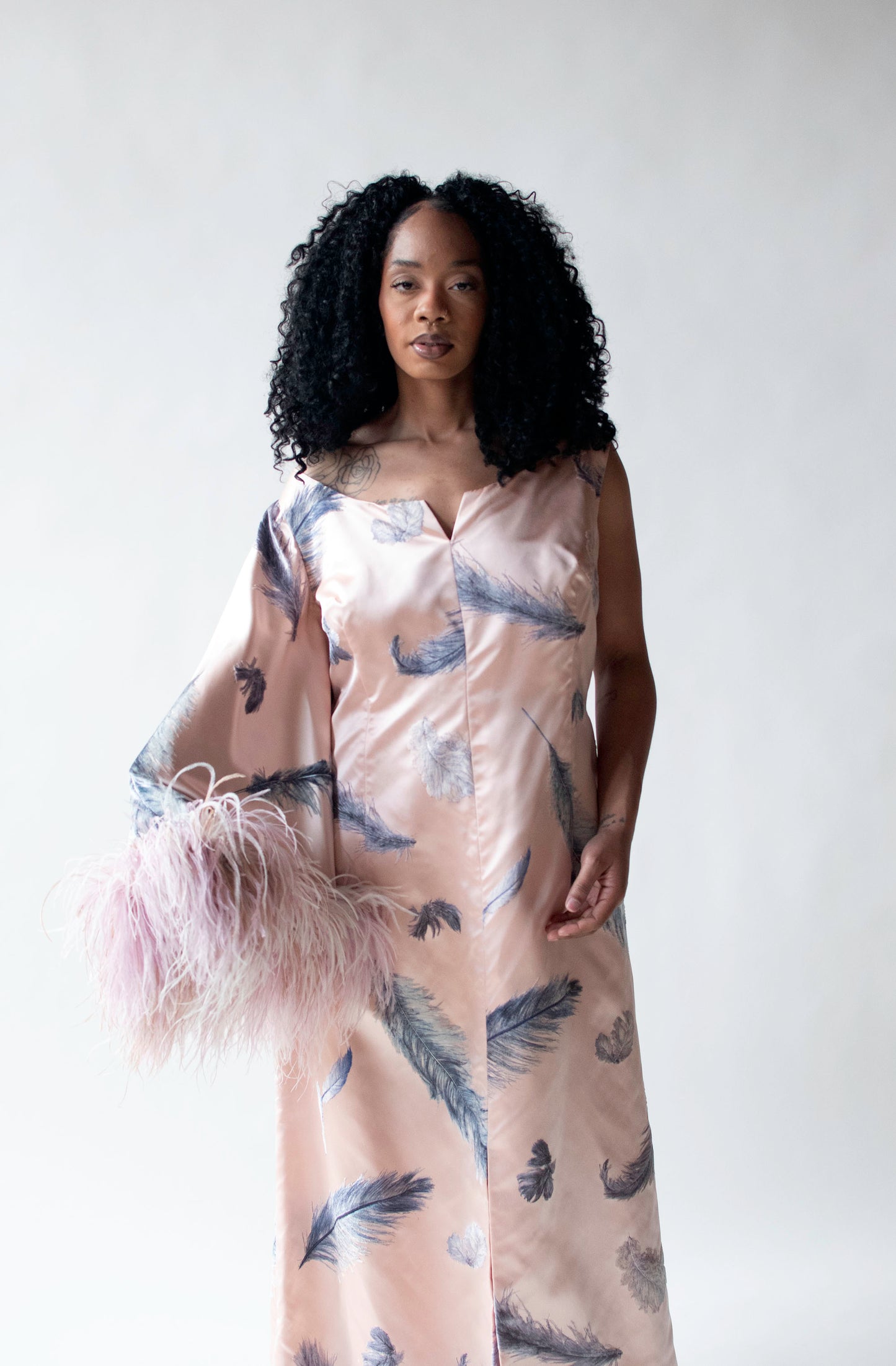 1960s Flocked Feather Gown w/ Feather Trim