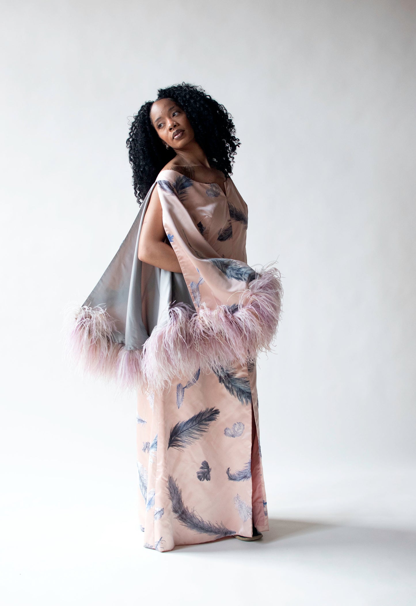 1960s Flocked Feather Gown w/ Feather Trim