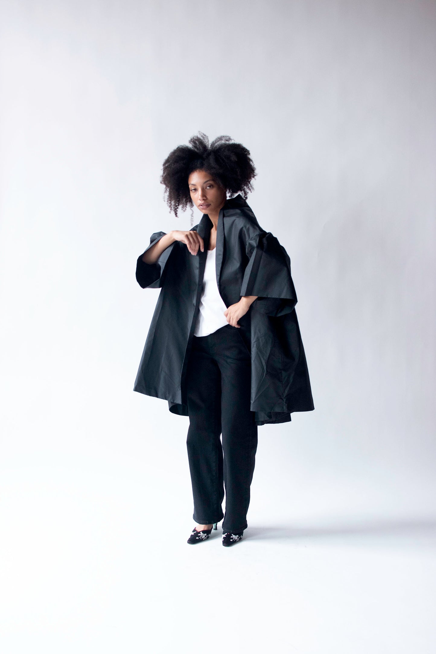 Voluminous Black Taffeta Coat | Victor Costa