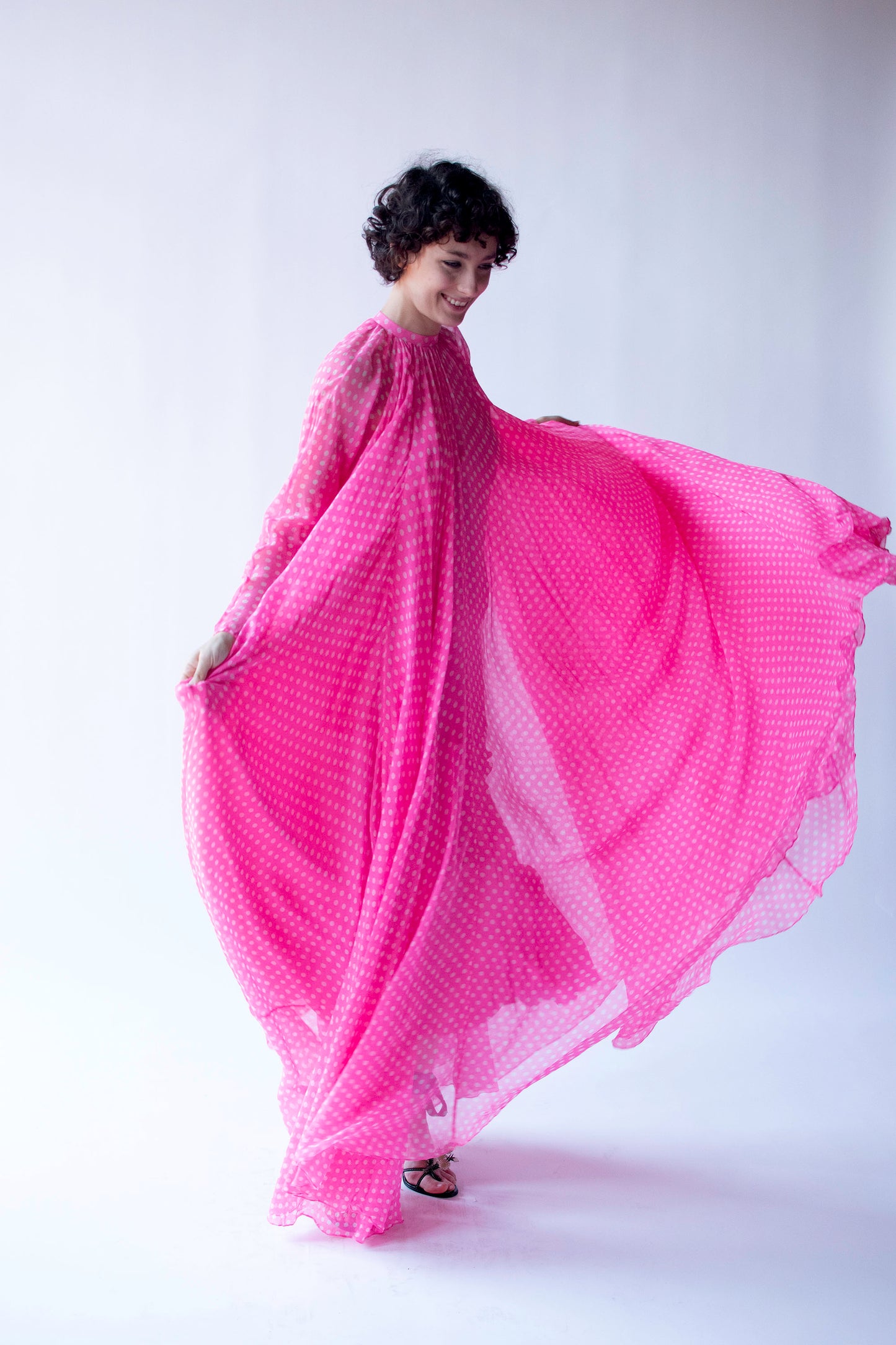 1970s Pink Polka Dot Chiffon Dress | Geoffrey Beene