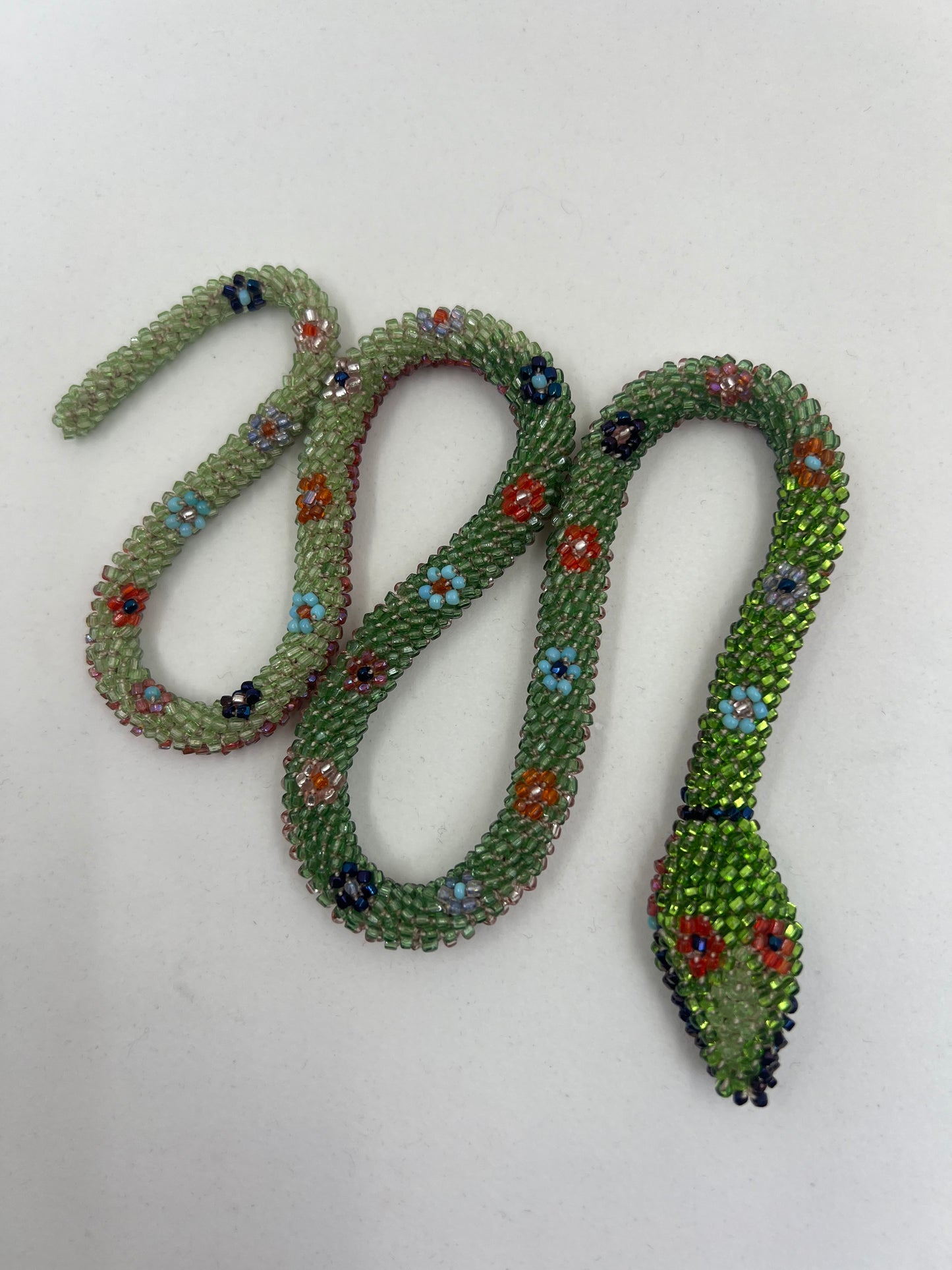 Bead Crochet Snake | Green W/ Multi Color Flowers