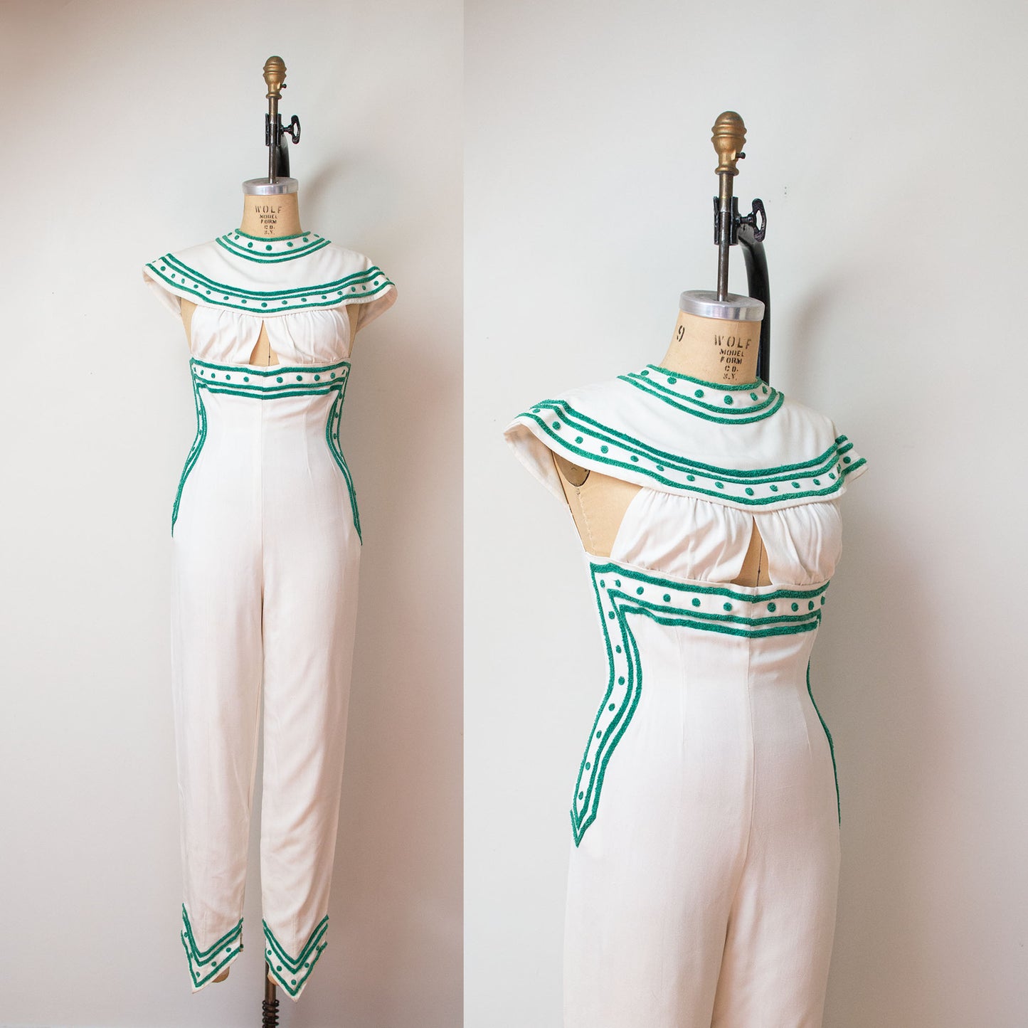 1950s Linen Jumpsuit with Chenille Trim