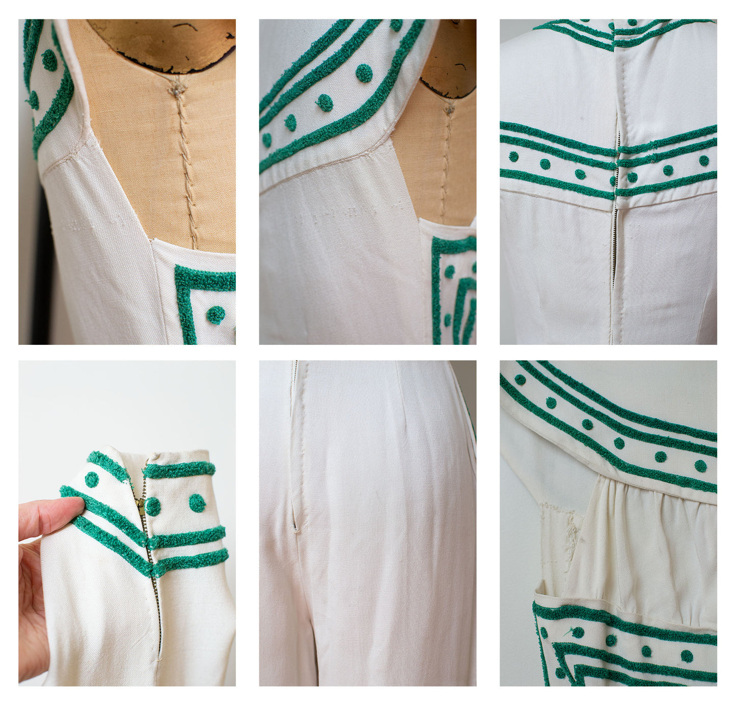 1950s Linen Jumpsuit with Chenille Trim