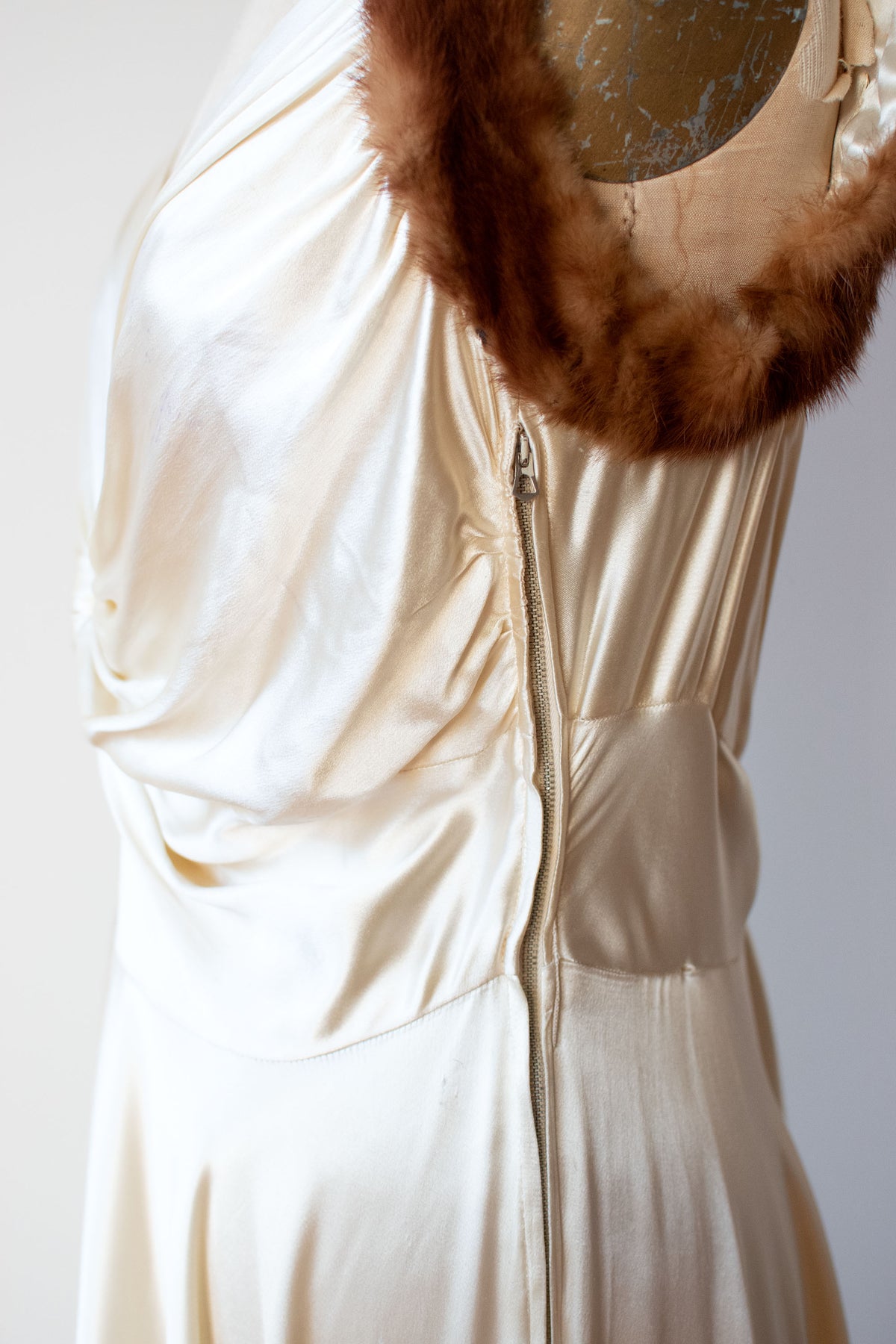 1940s Fur Trim Satin Gown