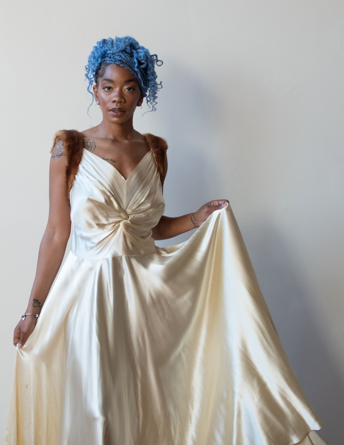 1940s Fur Trim Satin Gown