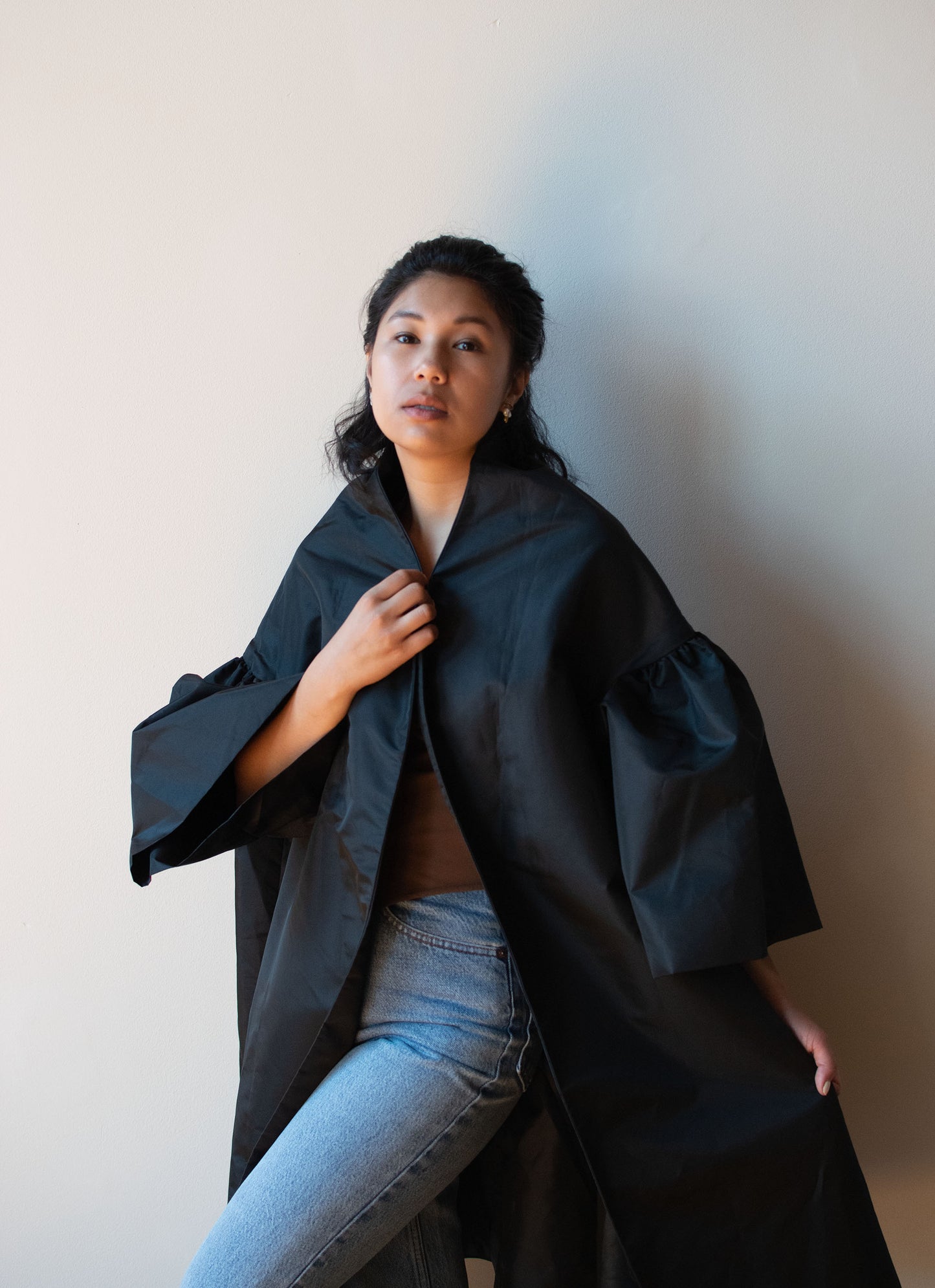 Voluminous Black Taffeta Coat | Victor Costa
