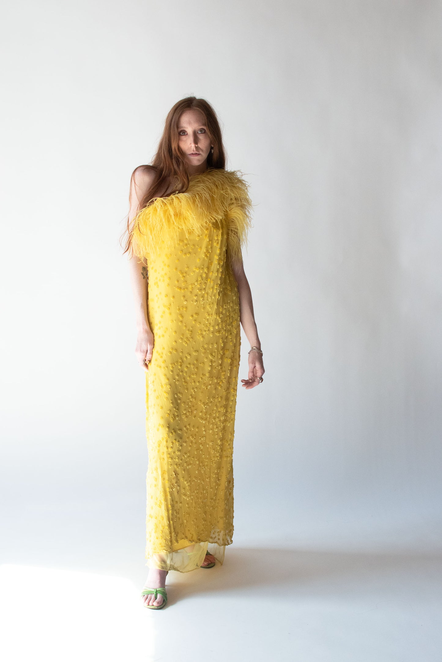 1970s Feather Trim Chiffon Dress