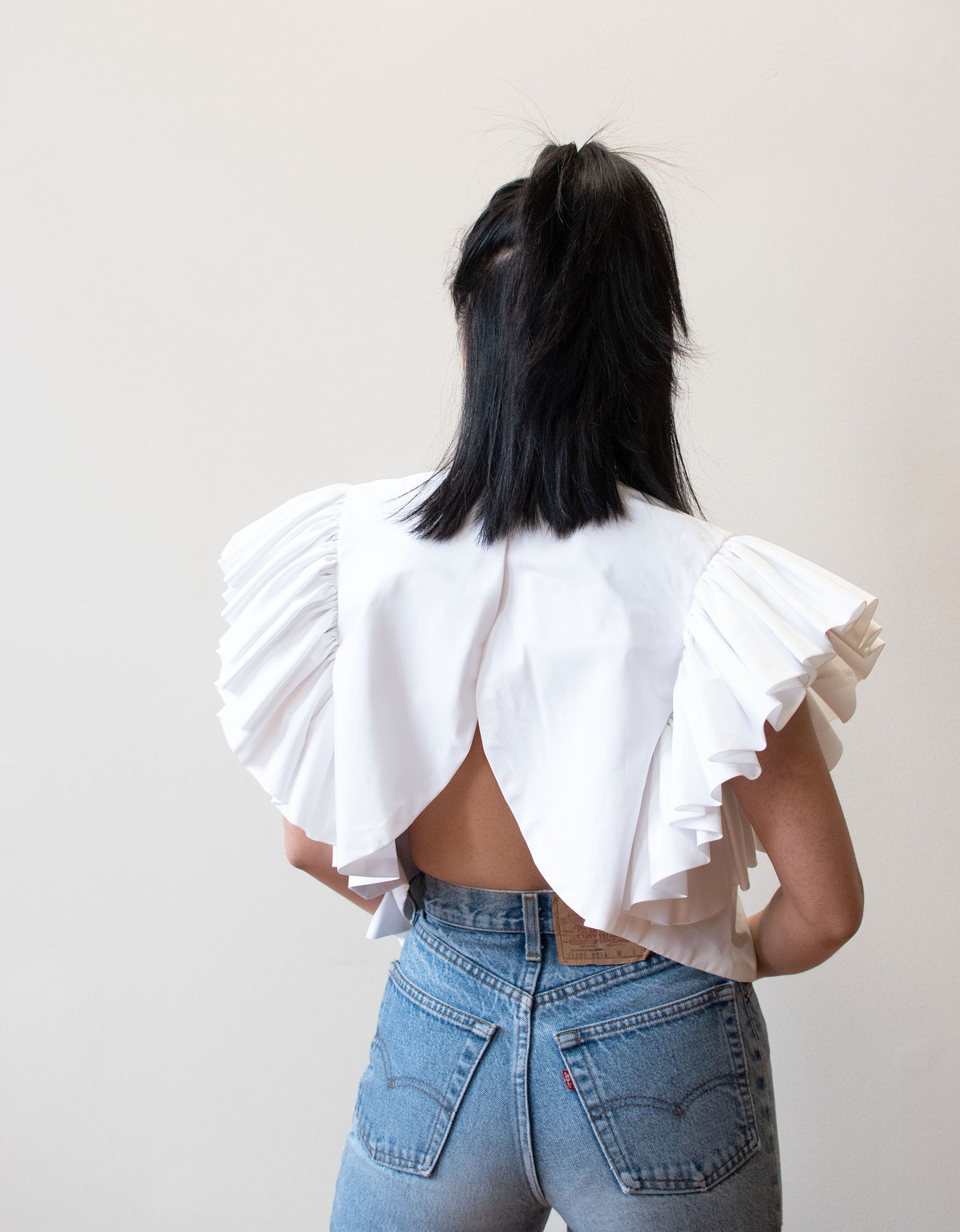 1980s Ruffled White Taffeta Top