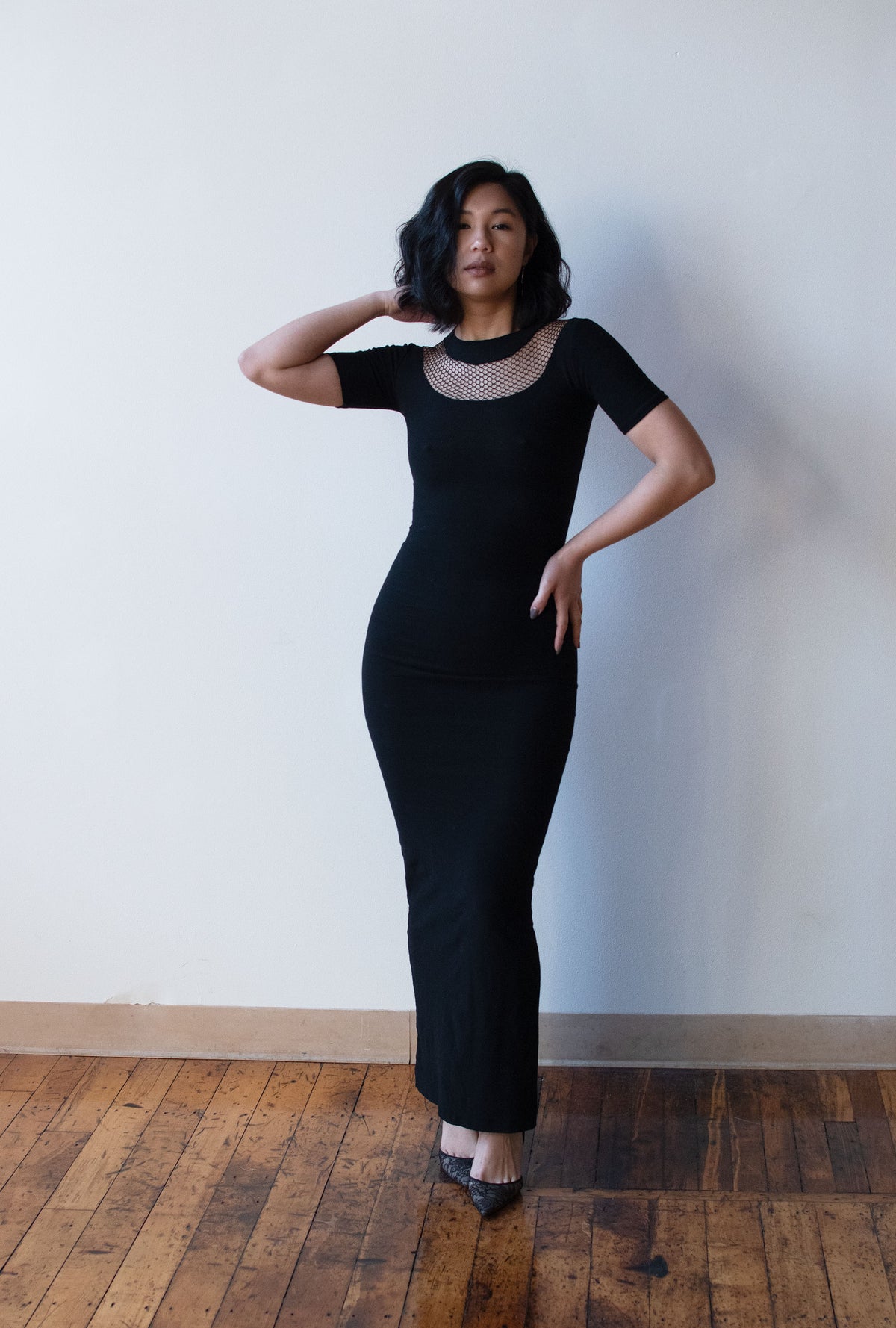 1990s Black Wool Fishnet Dress
