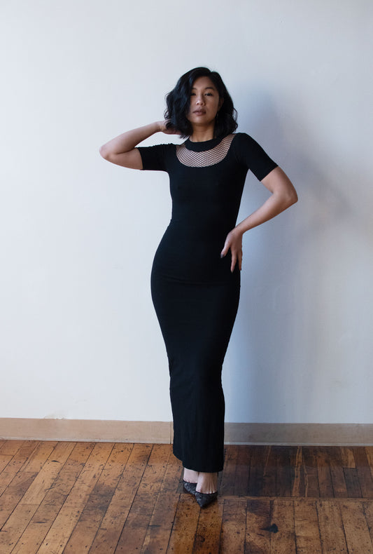 1990s Black Wool Fishnet Dress