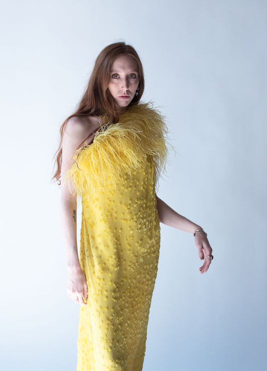 1970s Feather Trim Chiffon Dress