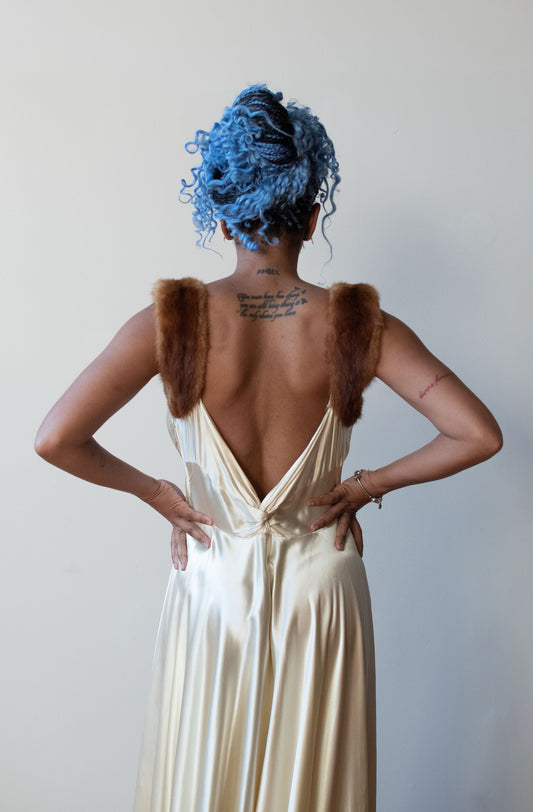 1940s Fur Trim Satin Gown