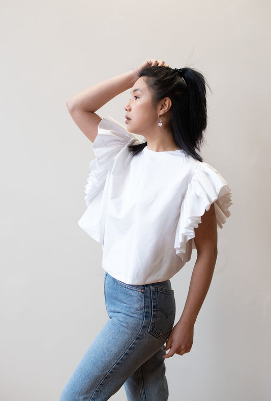 1980s Ruffled White Taffeta Top