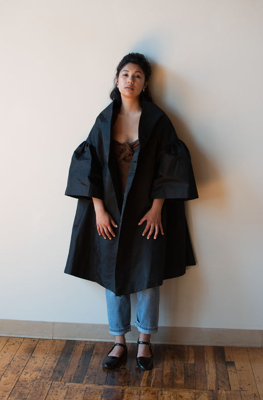 Voluminous Black Taffeta Coat | Victor Costa